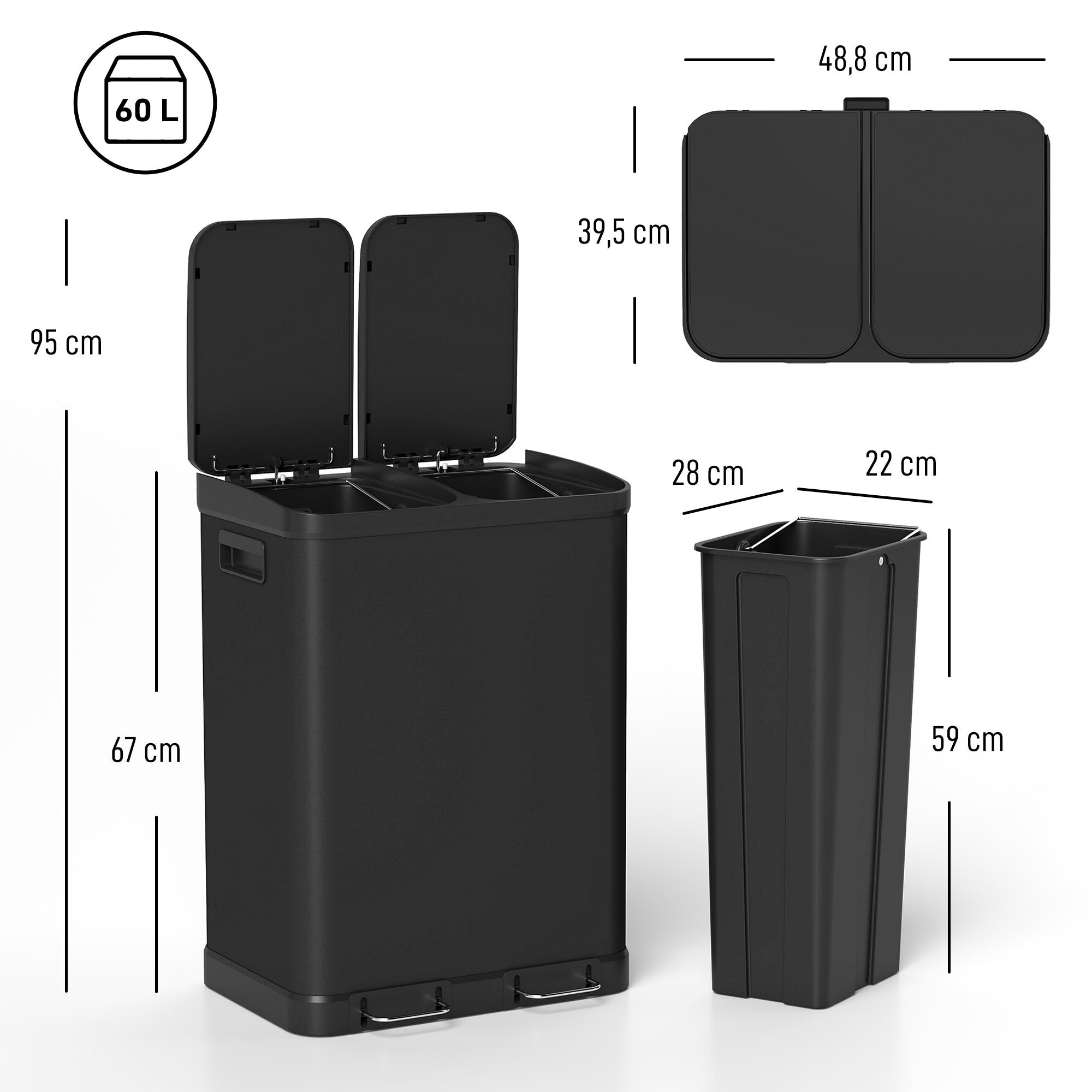 Poubelle à Double Compartiment 2x30L, Poubelle de Cuisine à Pédale en Acier Inoxydable, Couvercle à Fermeture Douce, Seaux Intérieurs Amovibles, Poignées, Anti-Traces, Noir