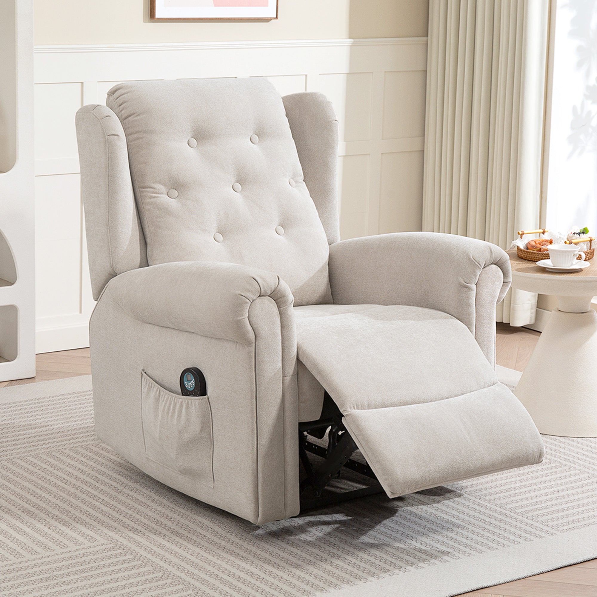 Fauteuil relax électrique massant et chauffant, fauteuil inclinable, dossier et repose-pieds réglable manuellement, poche latérale, tissu aspect lin, pour chambre, salon et home cinéma, beige