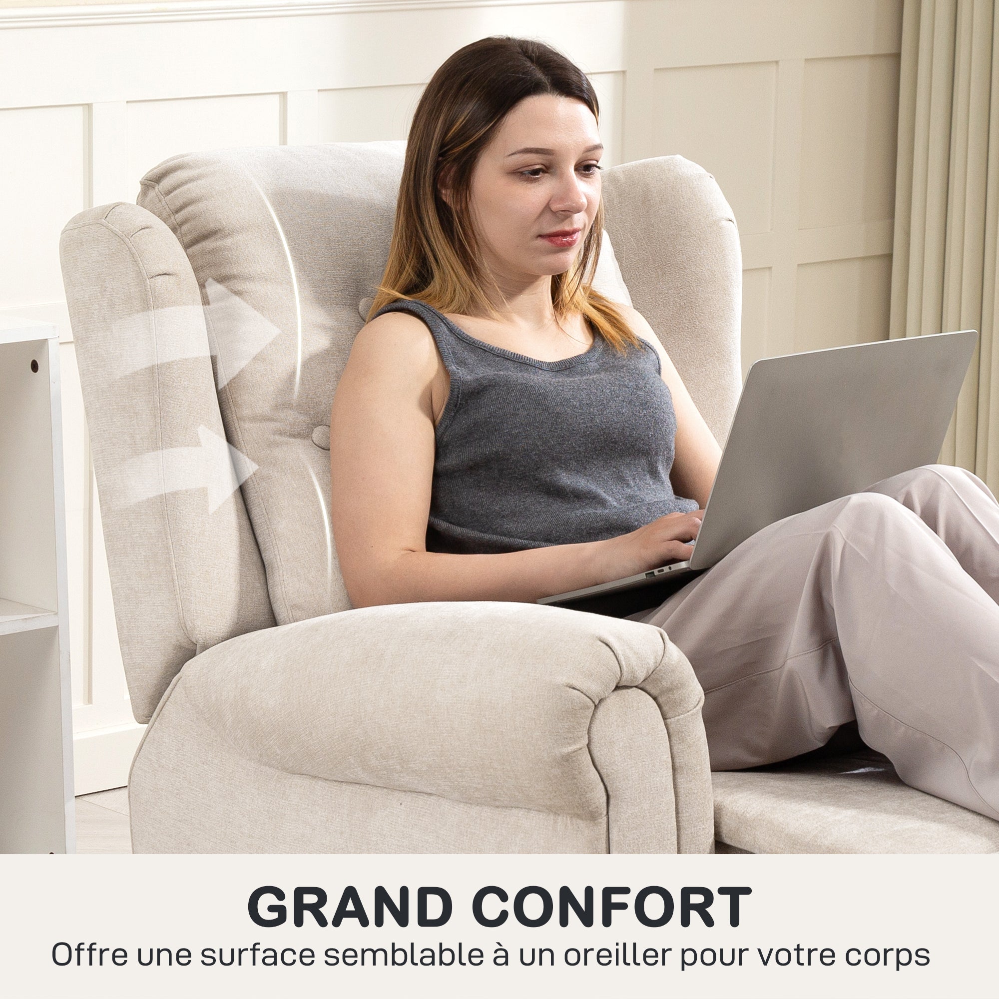 Fauteuil relax électrique massant et chauffant, fauteuil inclinable, dossier et repose-pieds réglable manuellement, poche latérale, tissu aspect lin, pour chambre, salon et home cinéma, beige