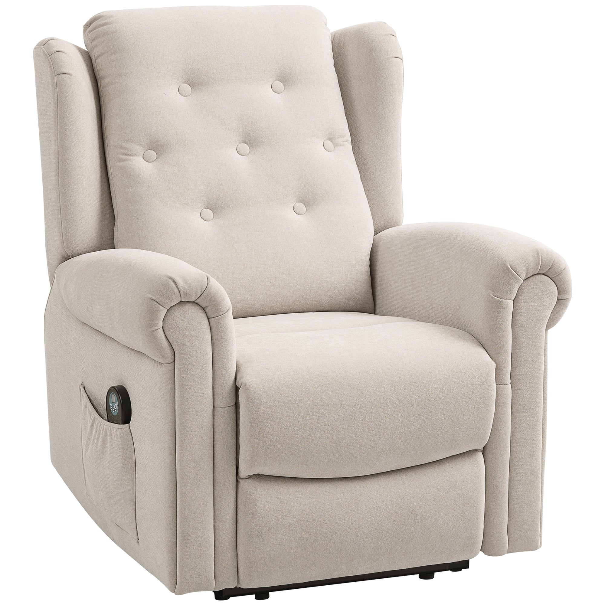 Fauteuil relax électrique massant et chauffant, fauteuil inclinable, dossier et repose-pieds réglable manuellement, poche latérale, tissu aspect lin, pour chambre, salon et home cinéma, beige