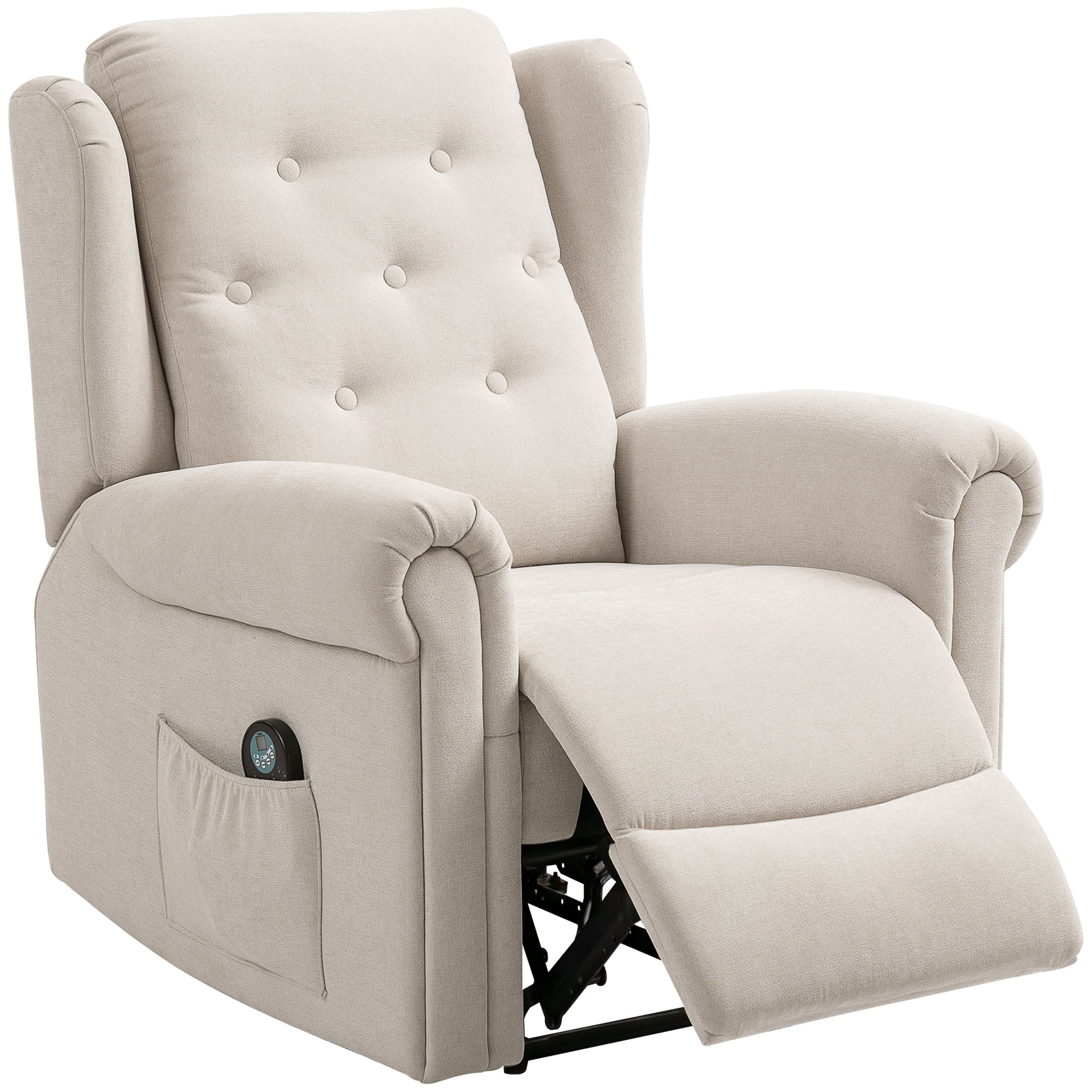 Fauteuil relax électrique massant et chauffant, fauteuil inclinable, dossier et repose-pieds réglable manuellement, poche latérale, tissu aspect lin, pour chambre, salon et home cinéma, beige