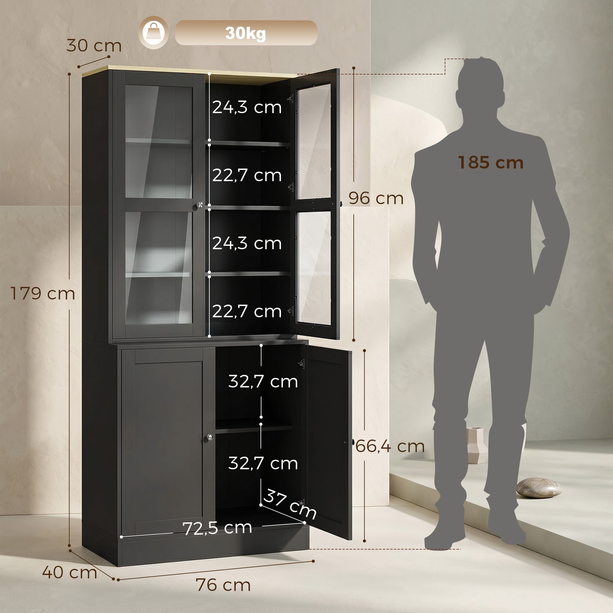Bibliothèque vitrine, meuble de rangement à 6 niveaux avec 4 portes dont 2 en verre trempé, étagères réglables, style moderne, pour salon, bureau, chambre, 76 x 40 x 179 cm, noir