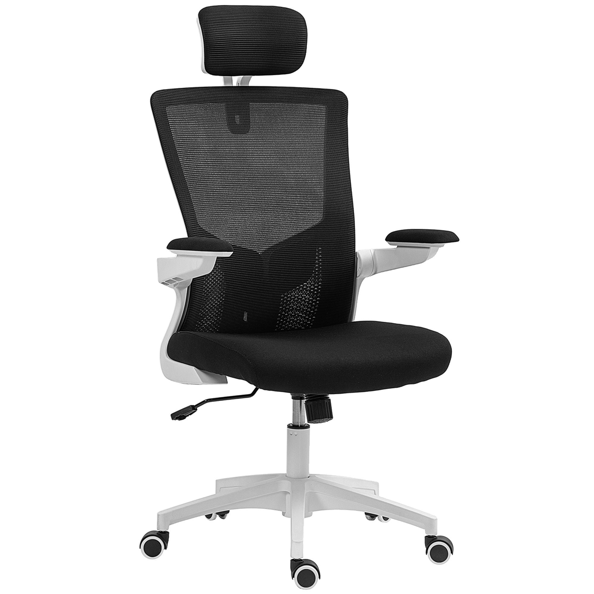 Chaise bureau ergonomique, fauteuil de bureau avec hauteur réglable, soutien lombaire, appui-tête, accoudoirs relevables, fonction bascule, pivotant à 360° et roulettes, noir