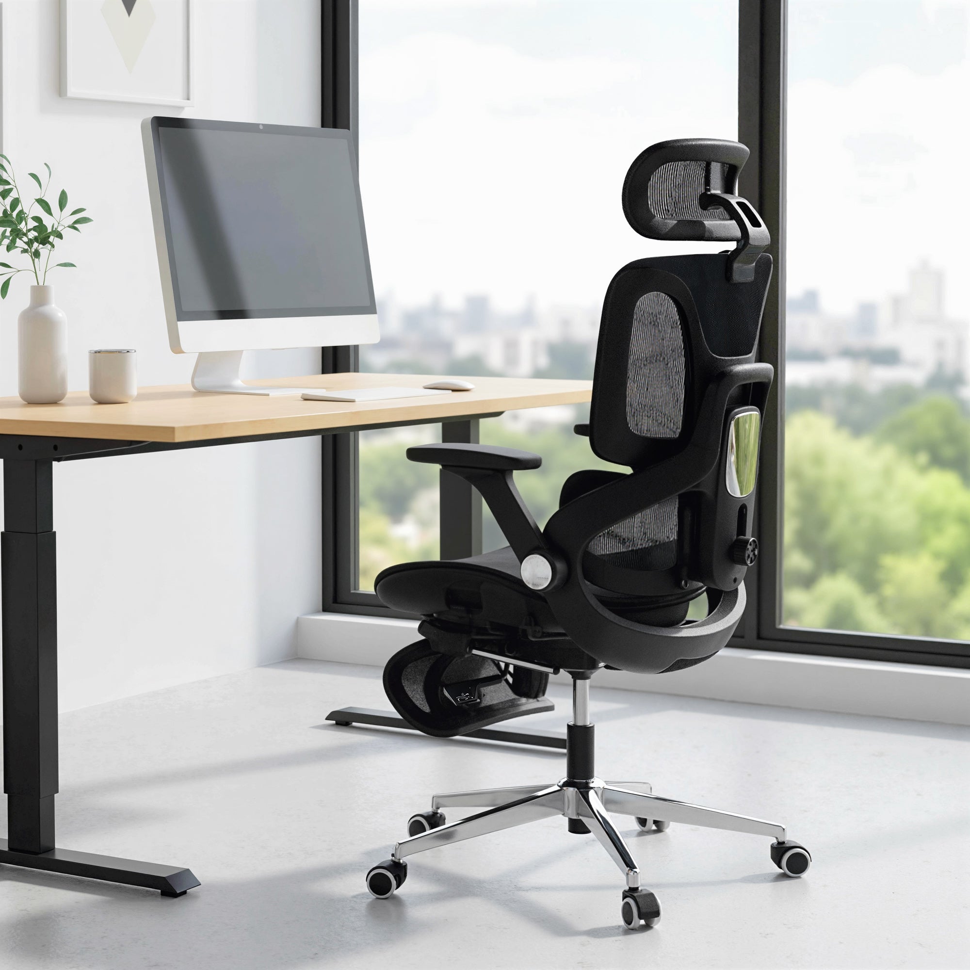 Chaise Bureau Ergonomique avec Accoudoirs 4D Appui-Tête et Profondeur d'Assise Réglables Fauteuil de Bureau en Maille Inclinable Hauteur Réglable Soutien Lombaire Adjustable Repose-Pieds Noir