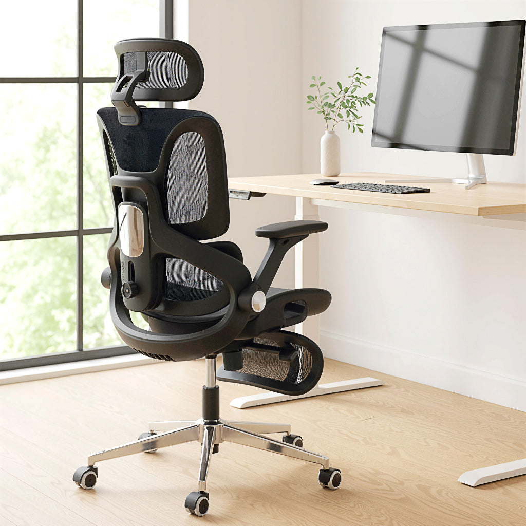 Chaise Bureau Ergonomique avec Accoudoirs 4D Appui-Tête et Profondeur d'Assise Réglables Fauteuil de Bureau en Maille Inclinable Hauteur Réglable Soutien Lombaire Adjustable Repose-Pieds Noir