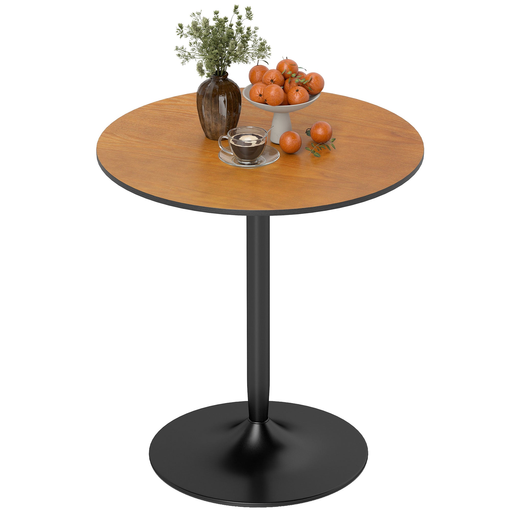 Table à manger ronde pour 2-4 personnes, table de cuisine 70 cm style moderne avec plateau en placage de bois massif et piétement en acier, marron clair