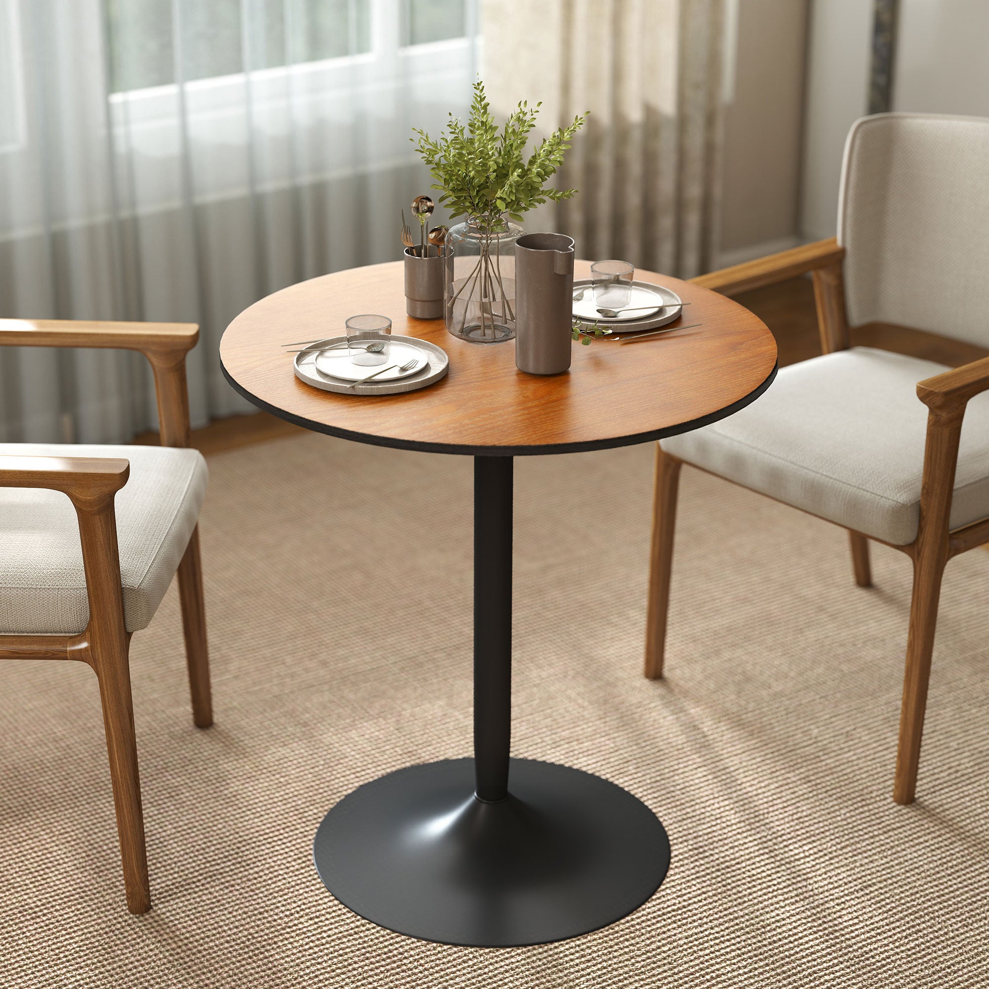 Table à manger ronde pour 2-4 personnes, table de cuisine 70 cm style moderne avec plateau en placage de bois massif et piétement en acier, marron clair