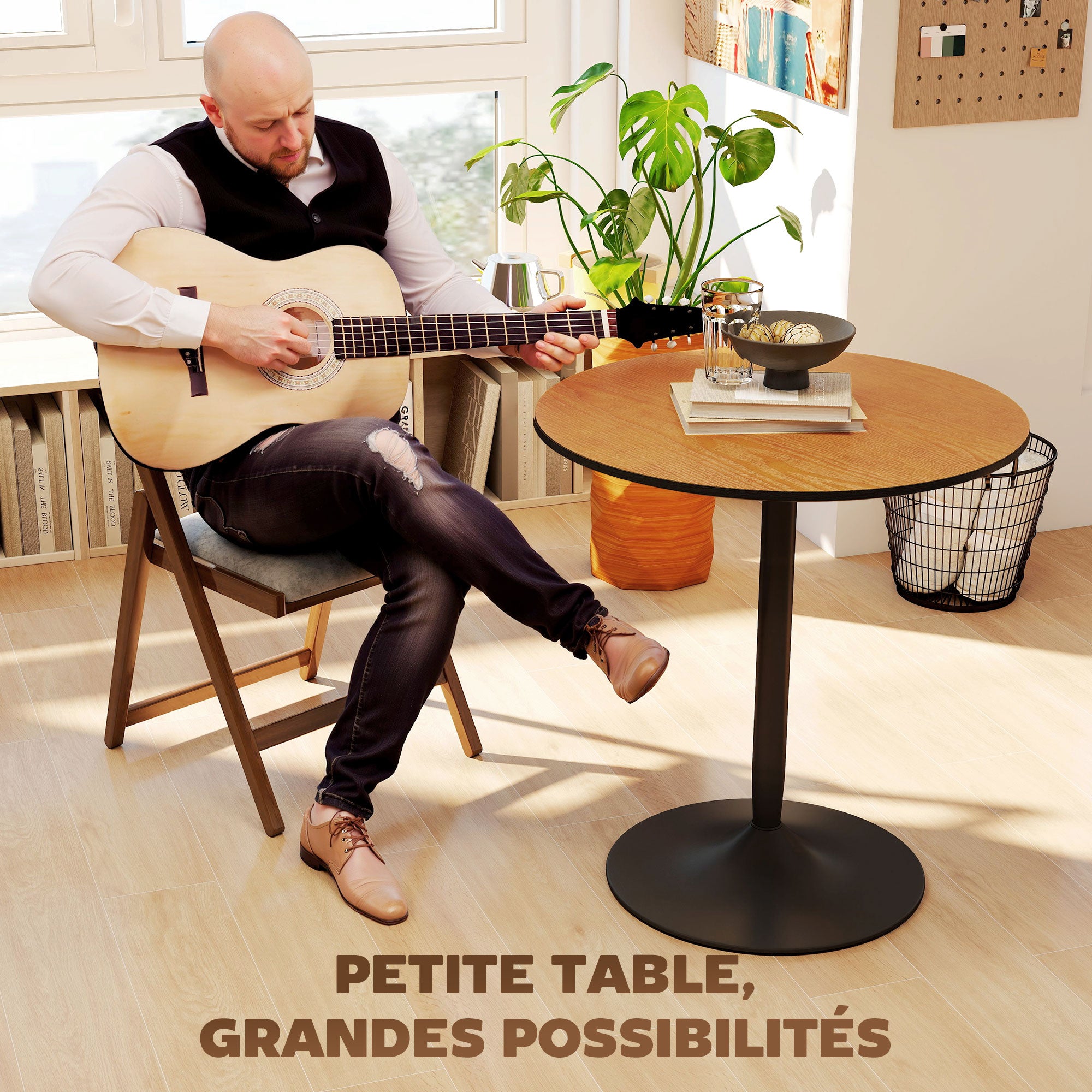 Table à manger ronde pour 2-4 personnes, table de cuisine 70 cm style moderne avec plateau en placage de bois massif et piétement en acier, marron clair