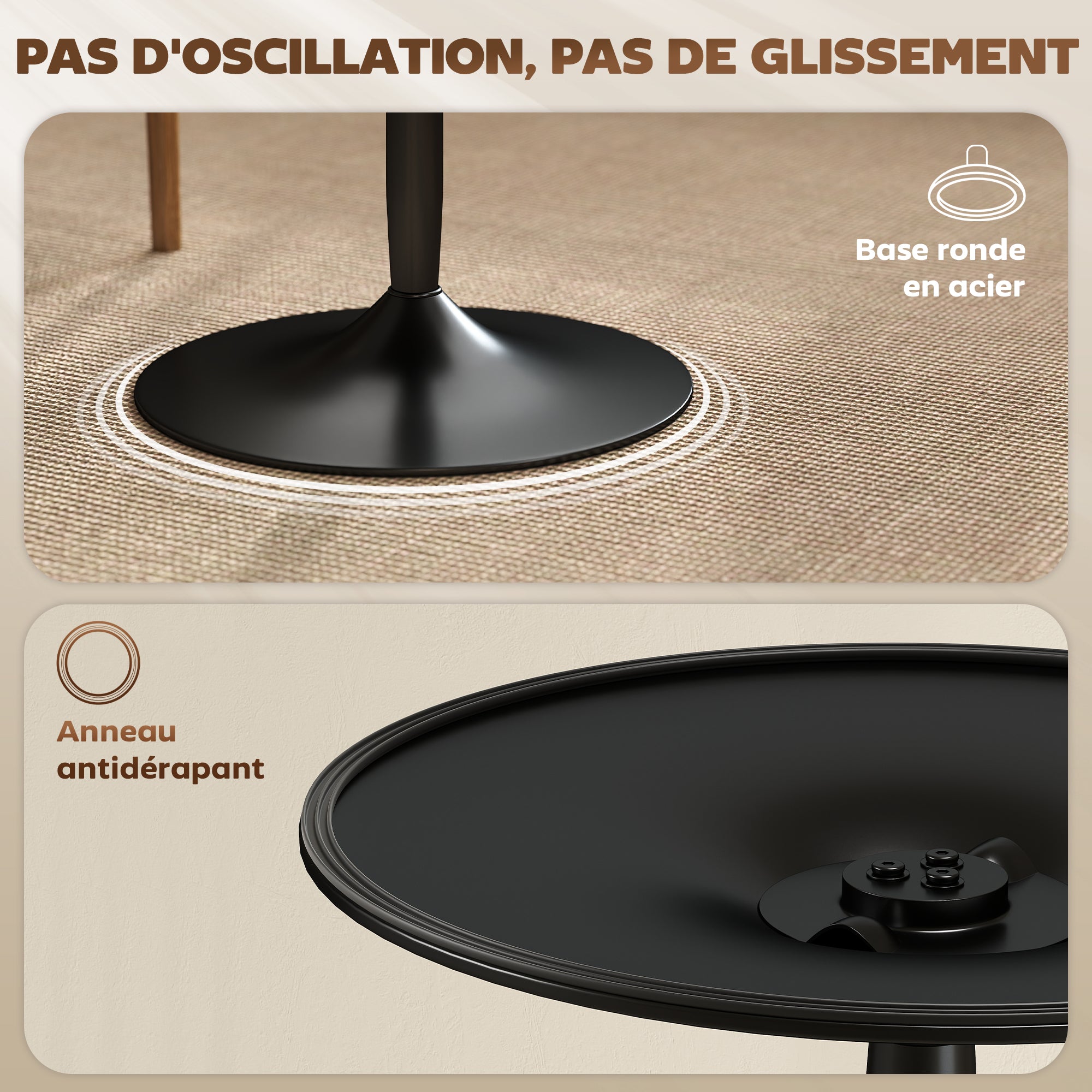 Table à manger ronde pour 2-4 personnes, table de cuisine 70 cm style moderne avec plateau en placage de bois massif et piétement en acier, marron clair