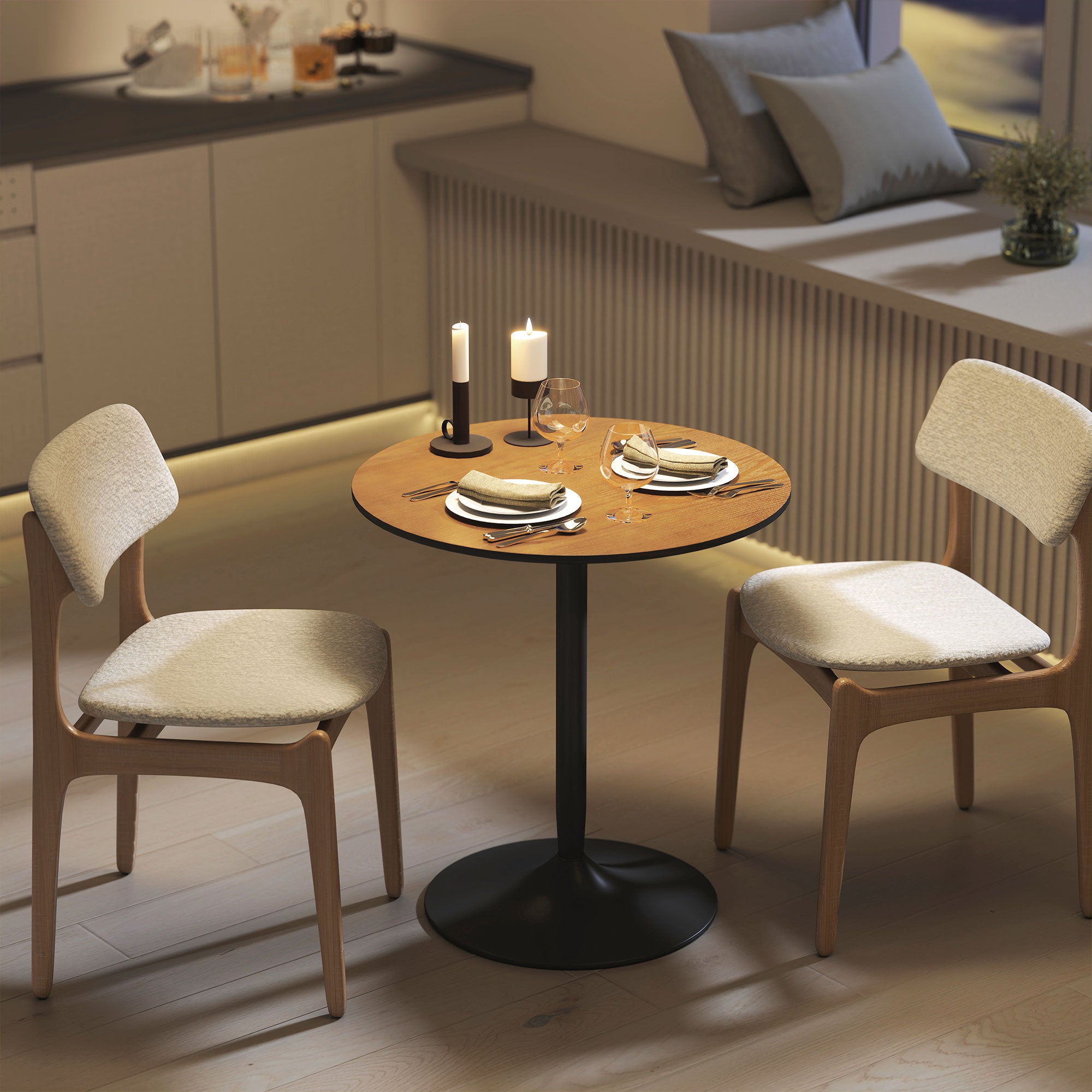 Table à manger ronde pour 2-4 personnes, table de cuisine 70 cm style moderne avec plateau en placage de bois massif et piétement en acier, marron clair