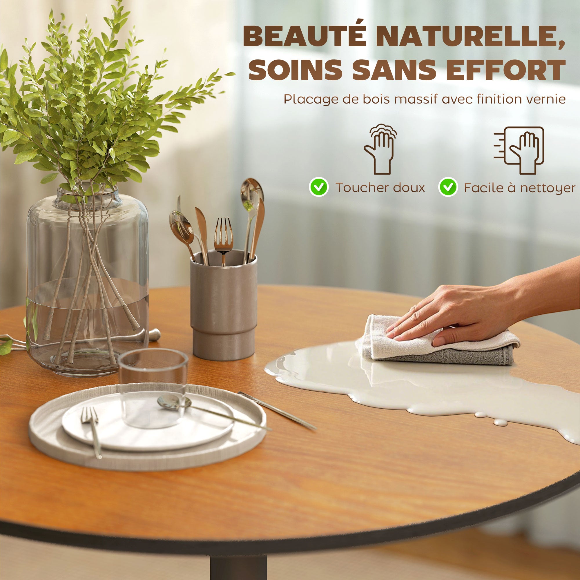 Table à manger ronde pour 2-4 personnes, table de cuisine 70 cm style moderne avec plateau en placage de bois massif et piétement en acier, marron clair