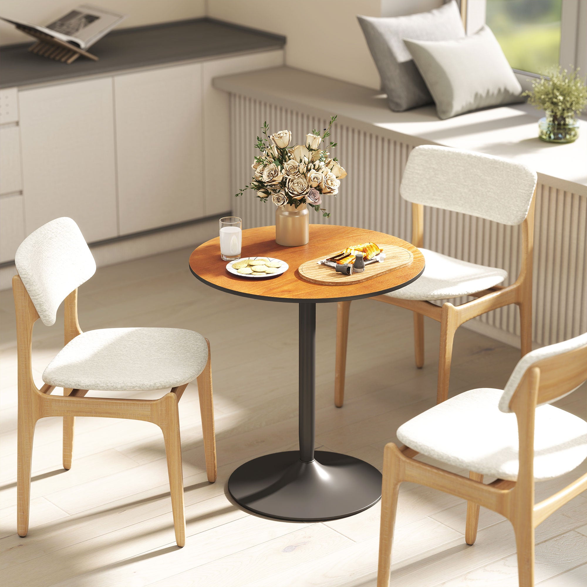 Table à manger ronde pour 2-4 personnes, table de cuisine 70 cm style moderne avec plateau en placage de bois massif et piétement en acier, marron clair