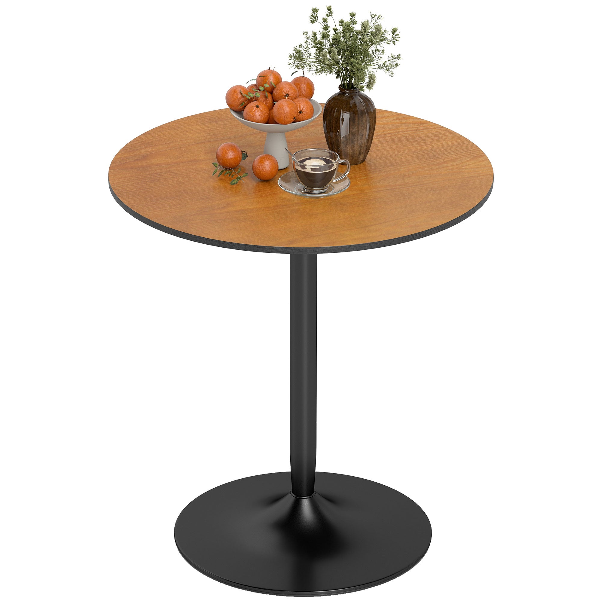 Table à manger ronde pour 2-4 personnes, table de cuisine 70 cm style moderne avec plateau en placage de bois massif et piétement en acier, marron clair