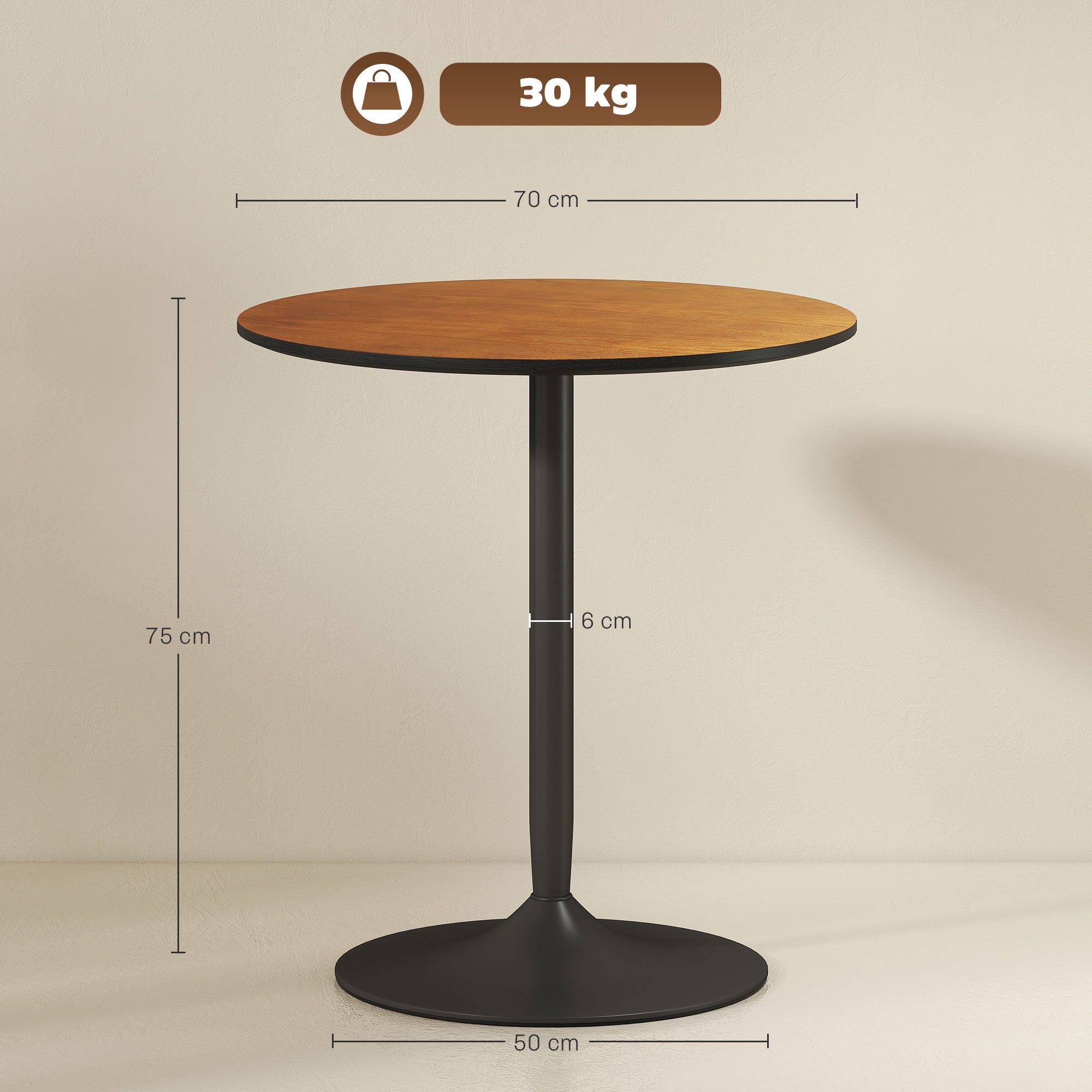 Table à manger ronde pour 2-4 personnes, table de cuisine 70 cm style moderne avec plateau en placage de bois massif et piétement en acier, marron clair