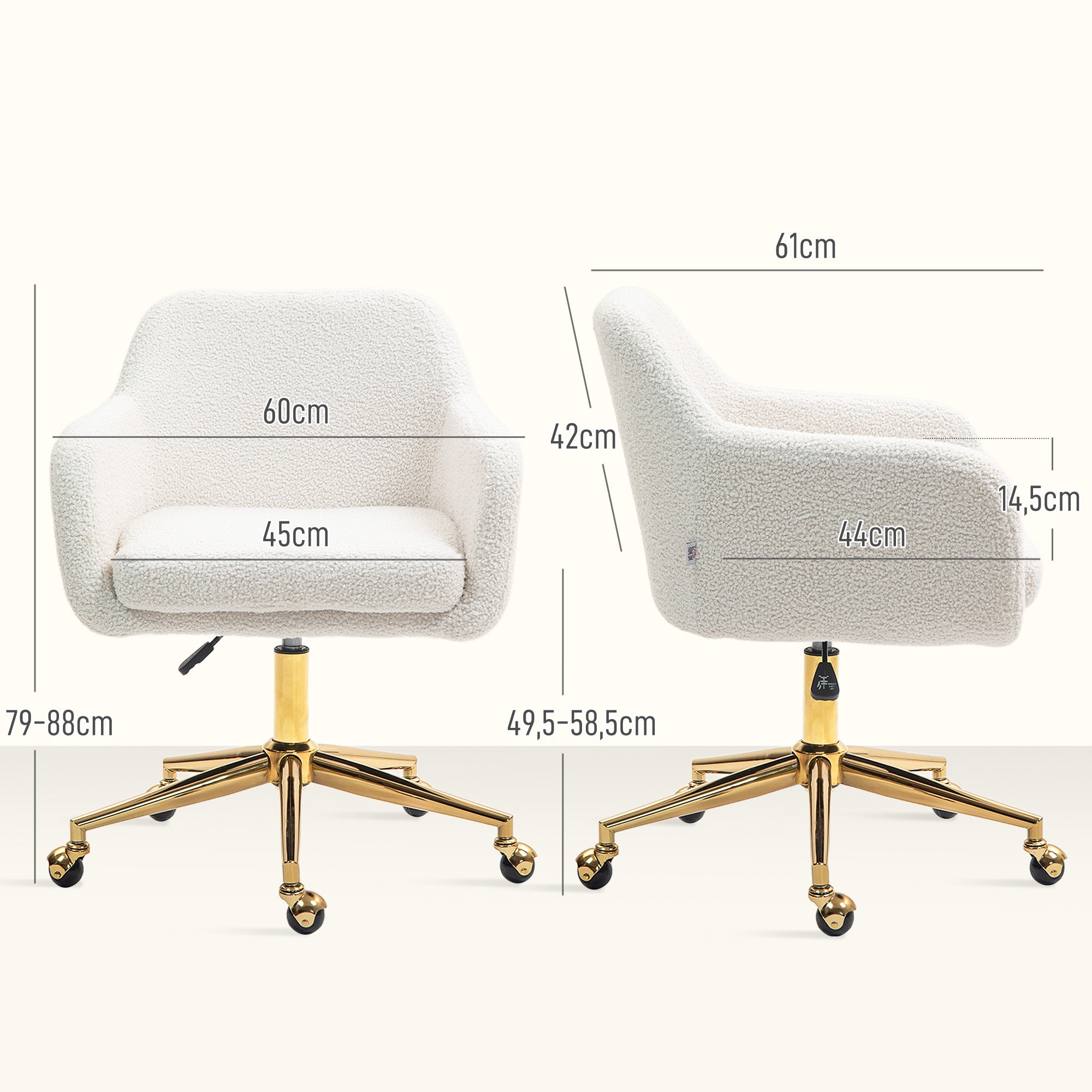 Chaise de bureau, fauteuil de bureau, avec roulettes, hauteur réglable, assise pivotante à 360°, charge 120 kg, crème