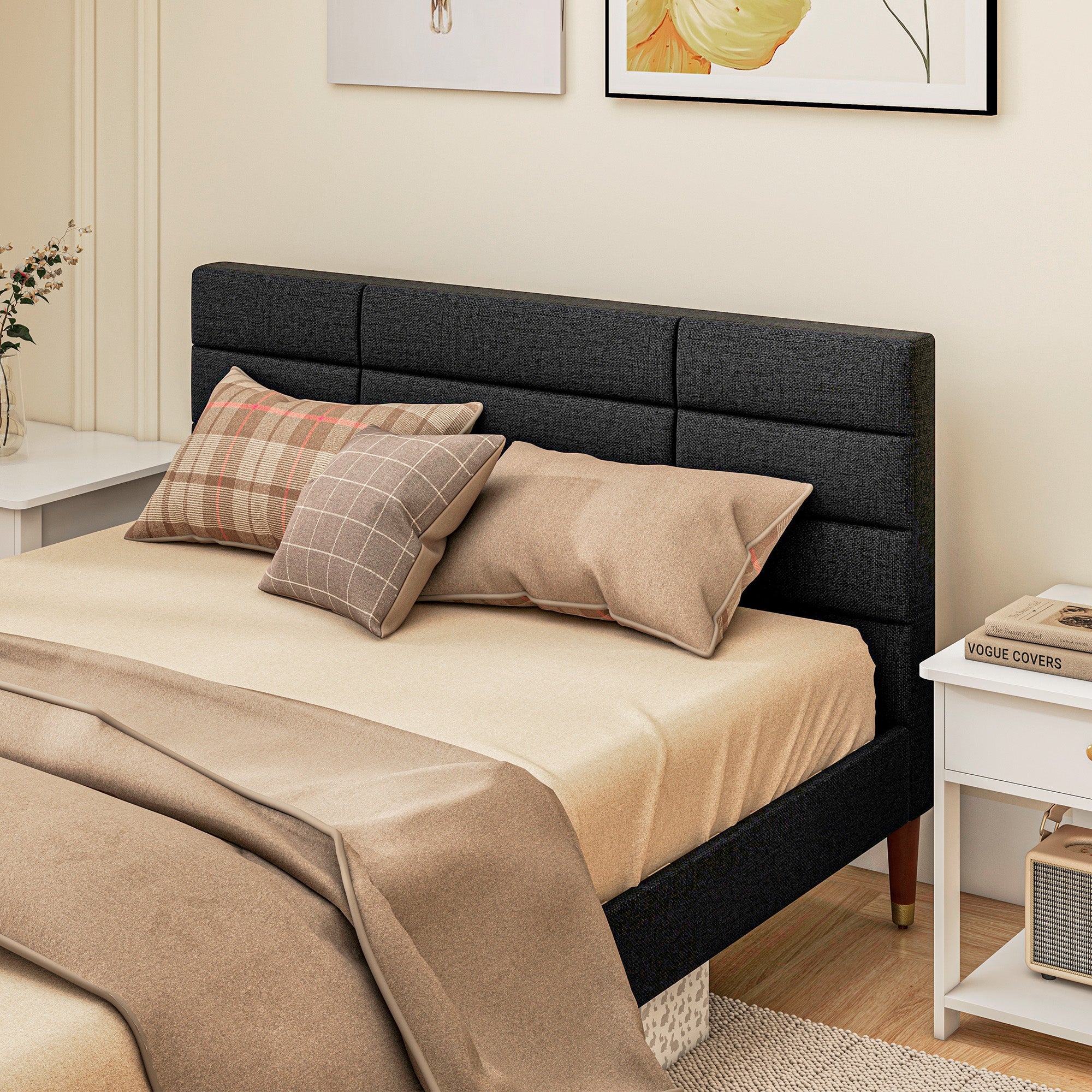 Cadre de lit Double 140 x 200 cm lit 2 Personnes - Hauteur 17 cm, sommier à Lattes et tête de lit capitonnée - en Bois et Tissu, Noir