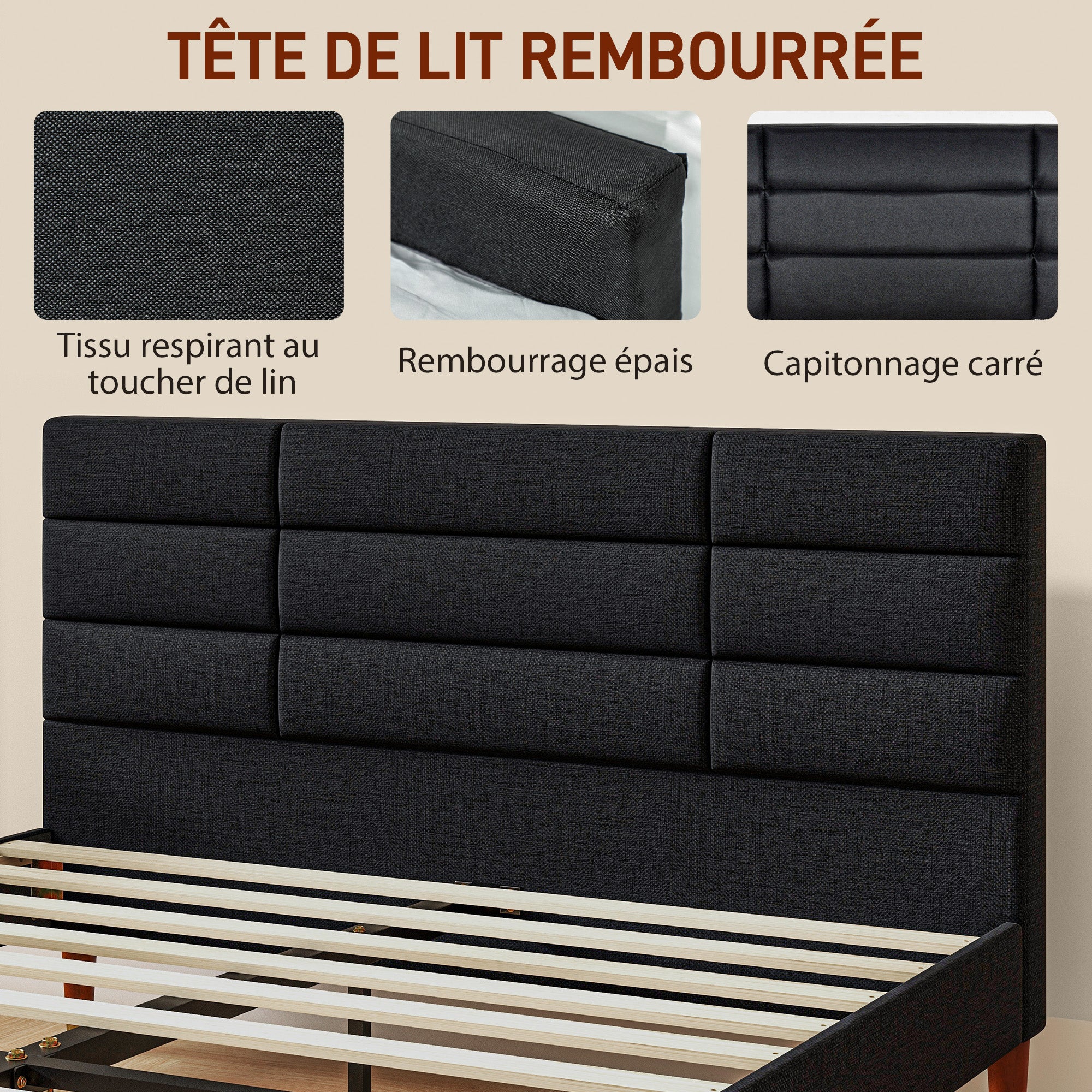 Cadre de lit Double 140 x 200 cm lit 2 Personnes - Hauteur 17 cm, sommier à Lattes et tête de lit capitonnée - en Bois et Tissu, Noir