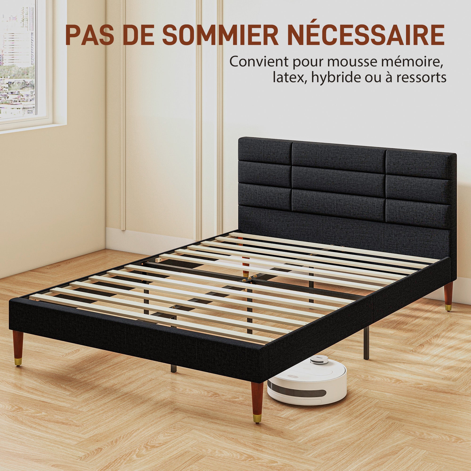 Cadre de lit Double 140 x 200 cm lit 2 Personnes - Hauteur 17 cm, sommier à Lattes et tête de lit capitonnée - en Bois et Tissu, Noir