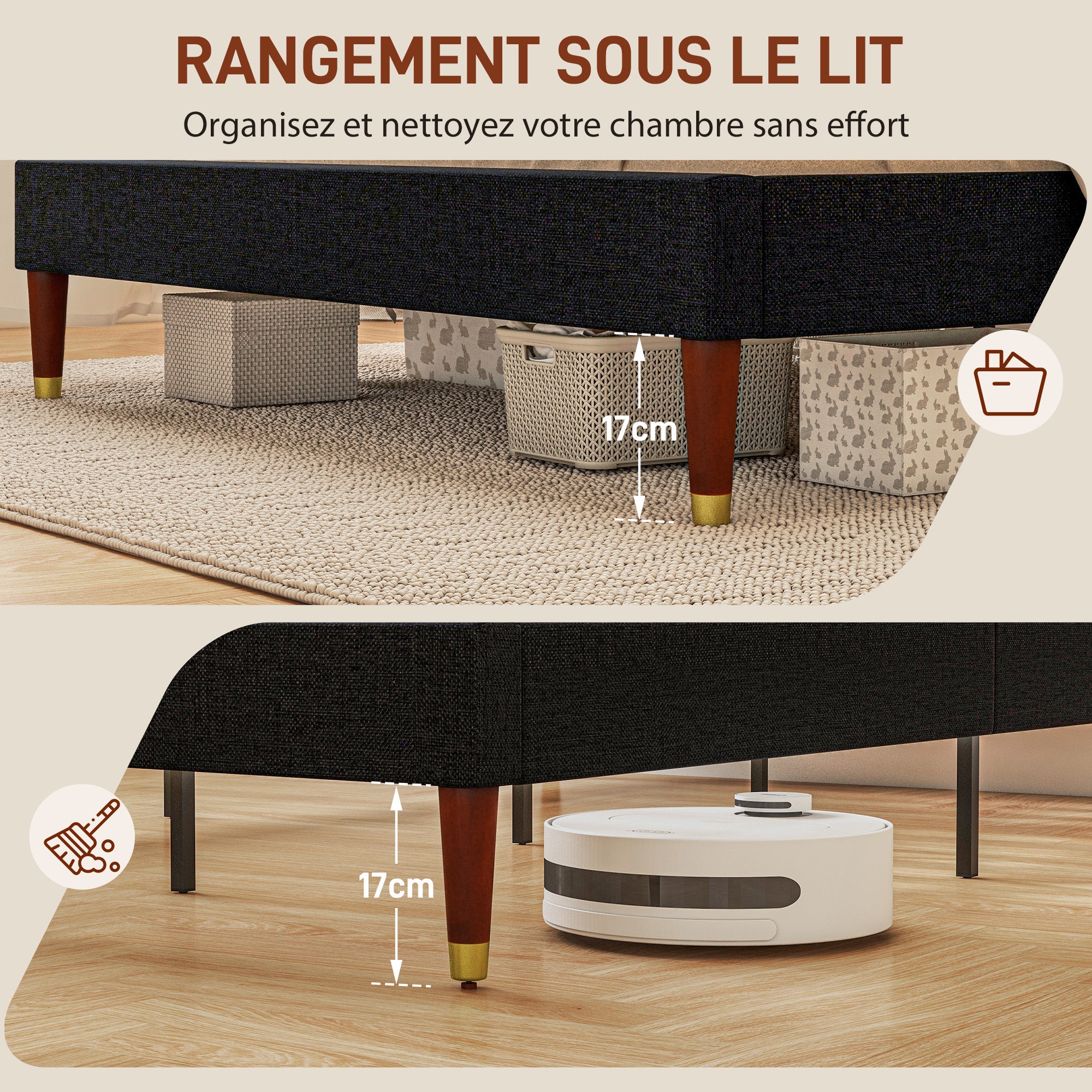 Cadre de lit Double 140 x 200 cm lit 2 Personnes - Hauteur 17 cm, sommier à Lattes et tête de lit capitonnée - en Bois et Tissu, Noir