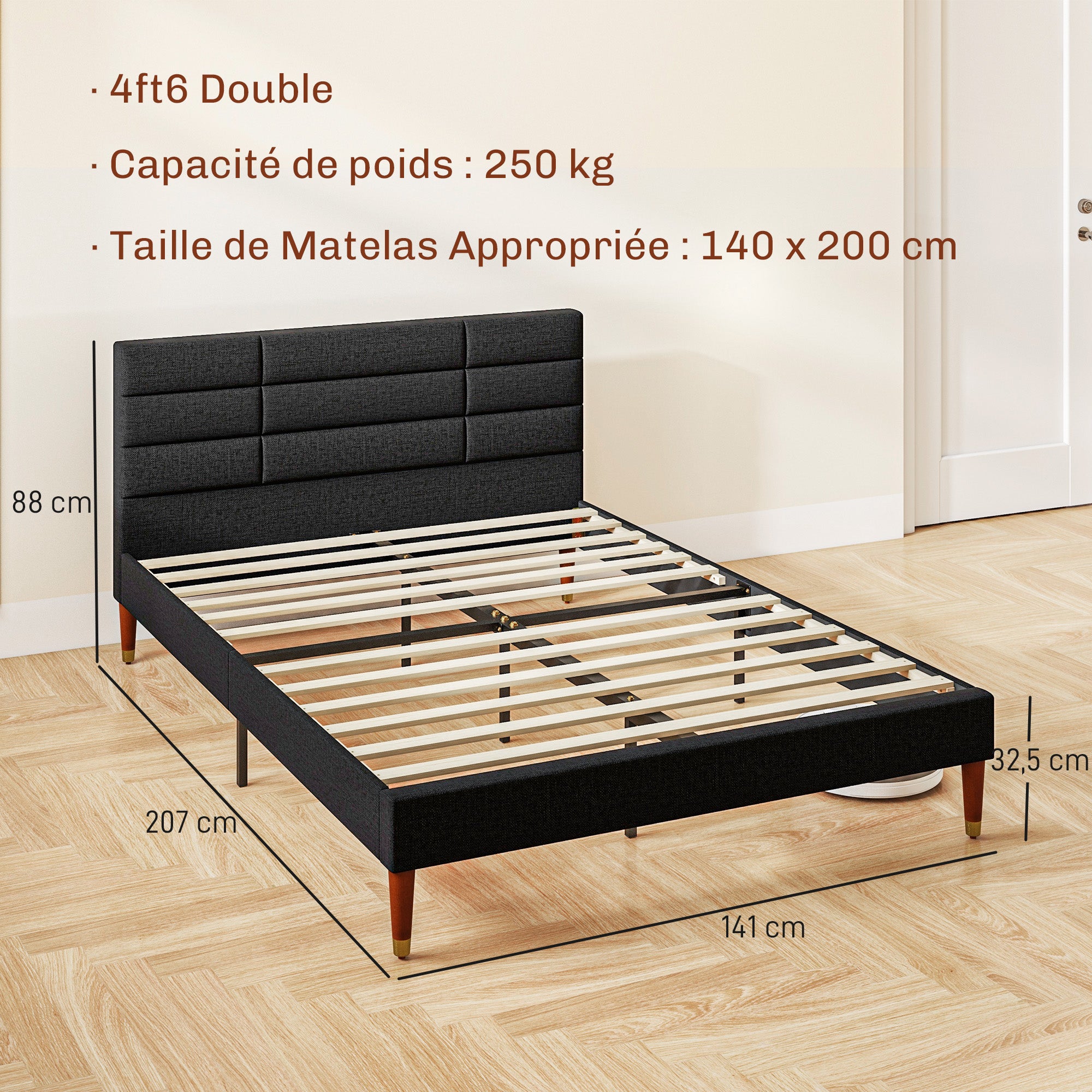 Cadre de lit Double 140 x 200 cm lit 2 Personnes - Hauteur 17 cm, sommier à Lattes et tête de lit capitonnée - en Bois et Tissu, Noir