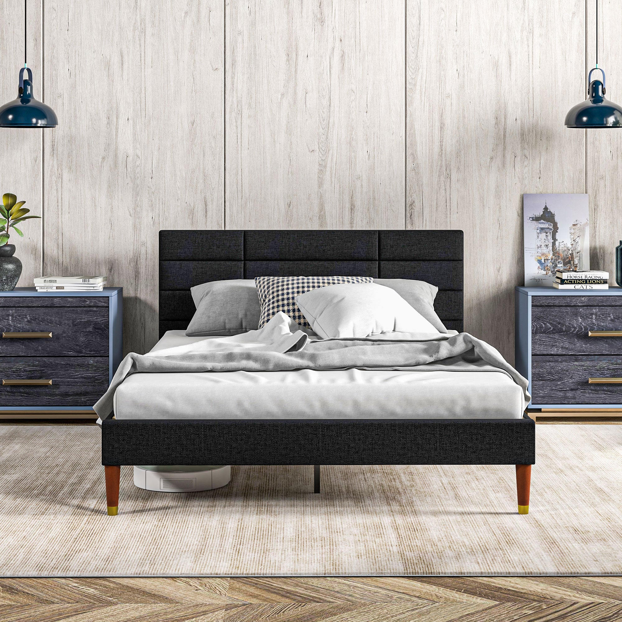 Cadre de lit Double 140 x 200 cm lit 2 Personnes - Hauteur 17 cm, sommier à Lattes et tête de lit capitonnée - en Bois et Tissu, Noir