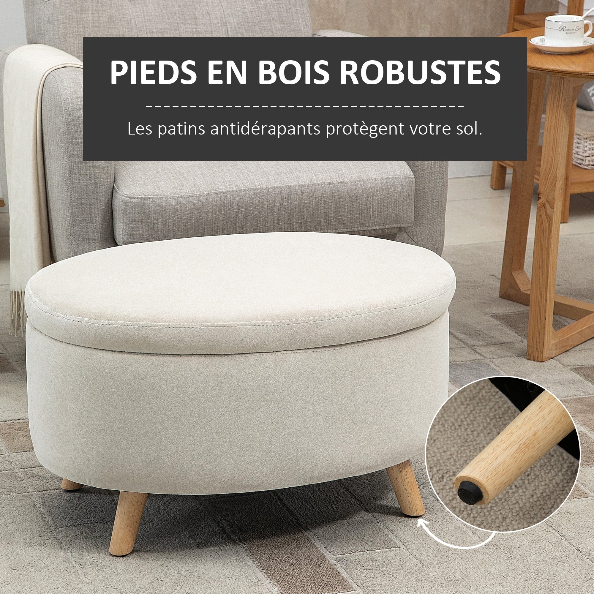 Coffre de Rangement, Tabouret Ovale, banc de rangement en Velours, Pieds en Bois d'hévéa, pour la Chambre à Coucher, entrée, Salon, Charge 120 Kg, 71 x 51,5 x 42 cm, Beige