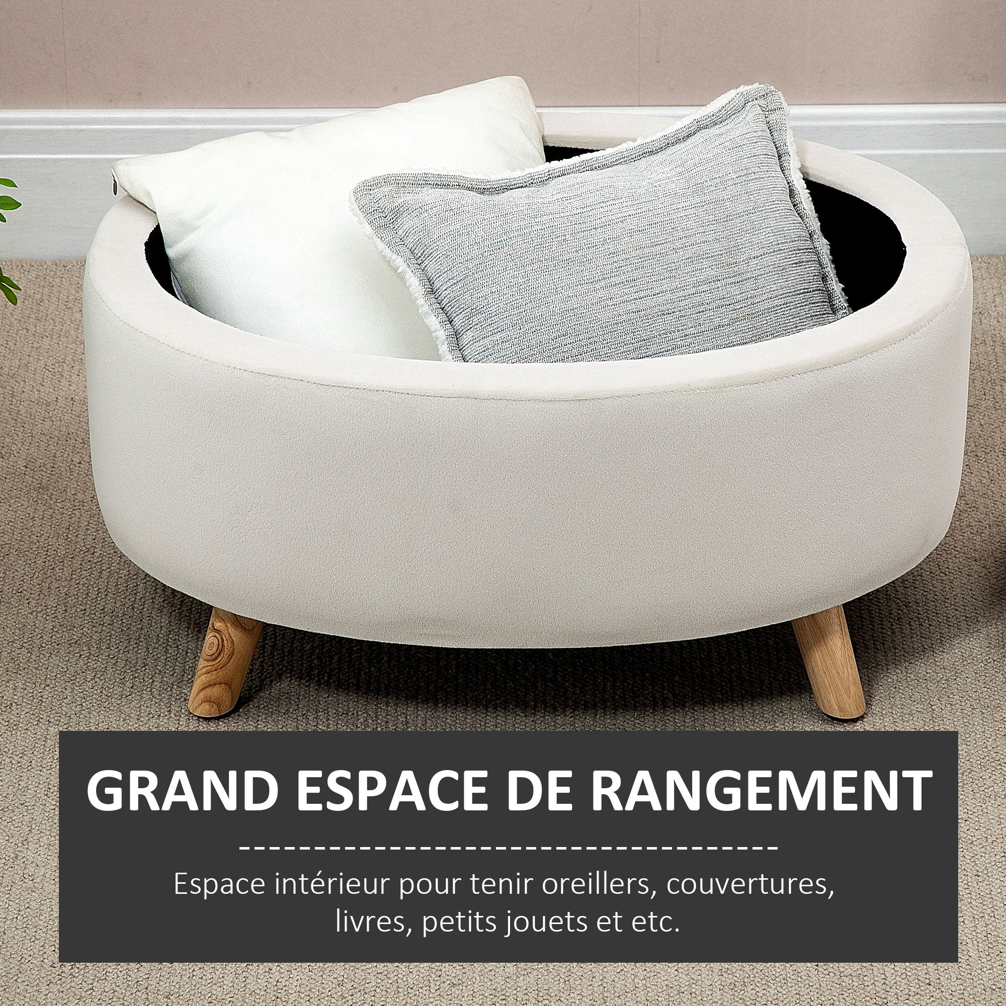 Coffre de Rangement, Tabouret Ovale, banc de rangement en Velours, Pieds en Bois d'hévéa, pour la Chambre à Coucher, entrée, Salon, Charge 120 Kg, 71 x 51,5 x 42 cm, Beige