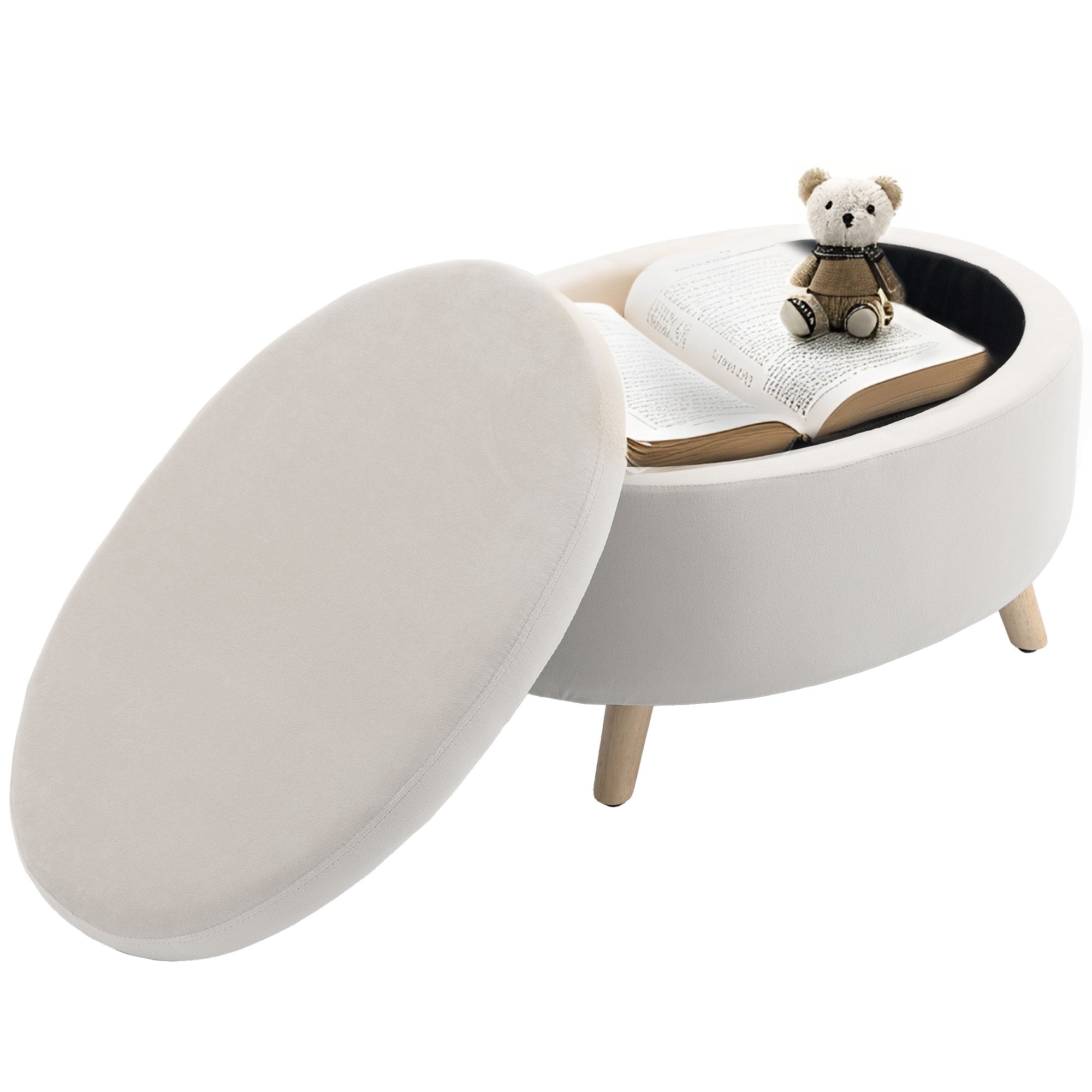 Coffre de Rangement, Tabouret Ovale, banc de rangement en Velours, Pieds en Bois d'hévéa, pour la Chambre à Coucher, entrée, Salon, Charge 120 Kg, 71 x 51,5 x 42 cm, Beige