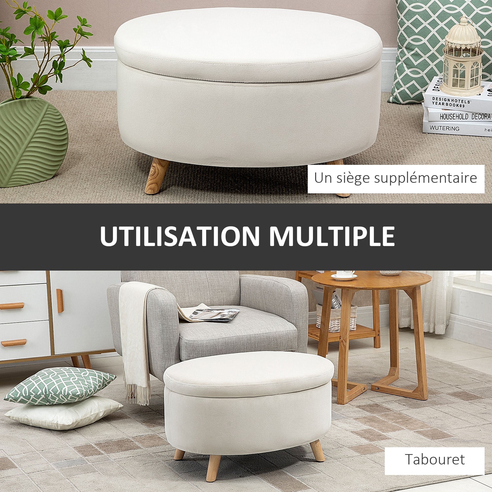 Coffre de Rangement, Tabouret Ovale, banc de rangement en Velours, Pieds en Bois d'hévéa, pour la Chambre à Coucher, entrée, Salon, Charge 120 Kg, 71 x 51,5 x 42 cm, Beige