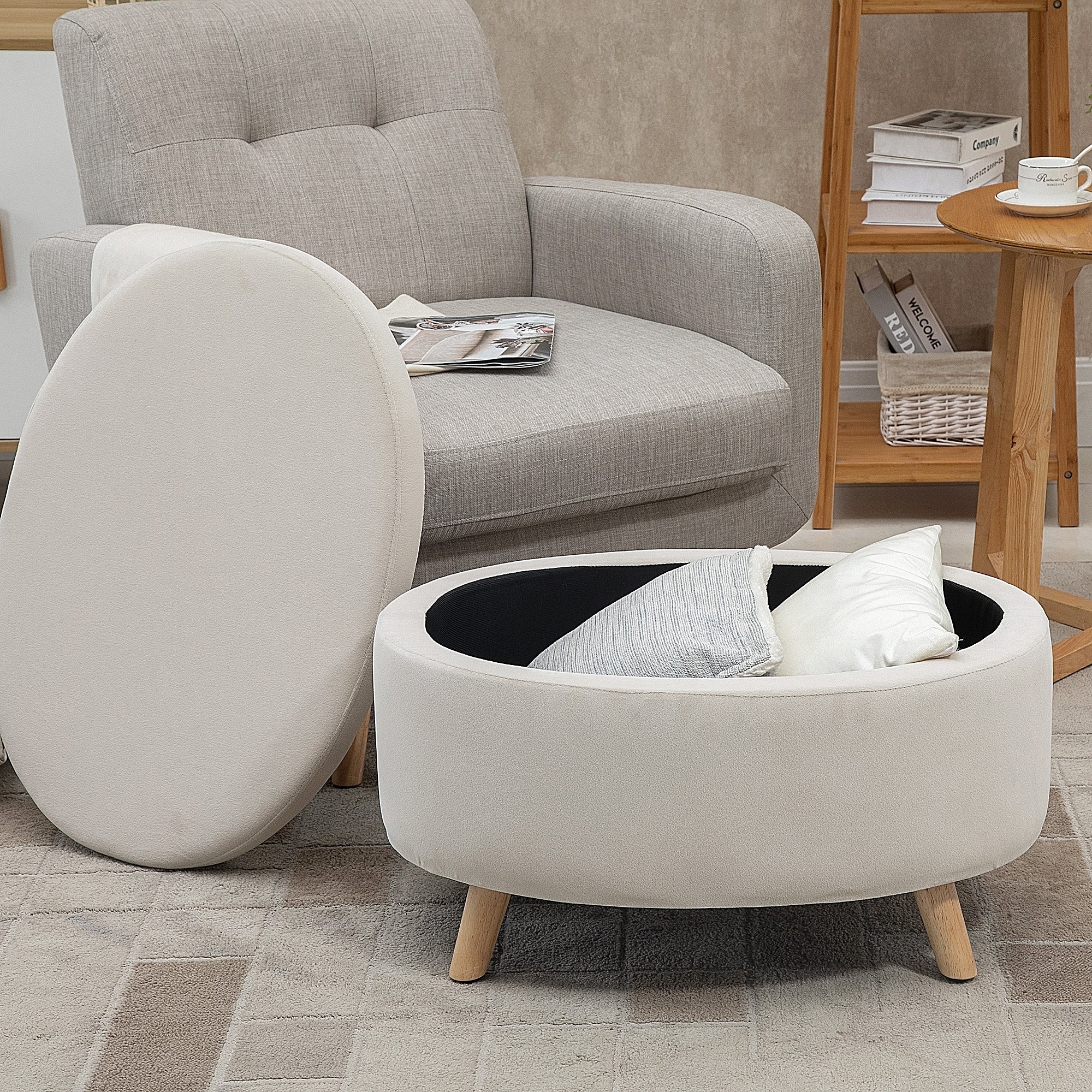 Coffre de Rangement, Tabouret Ovale, banc de rangement en Velours, Pieds en Bois d'hévéa, pour la Chambre à Coucher, entrée, Salon, Charge 120 Kg, 71 x 51,5 x 42 cm, Beige