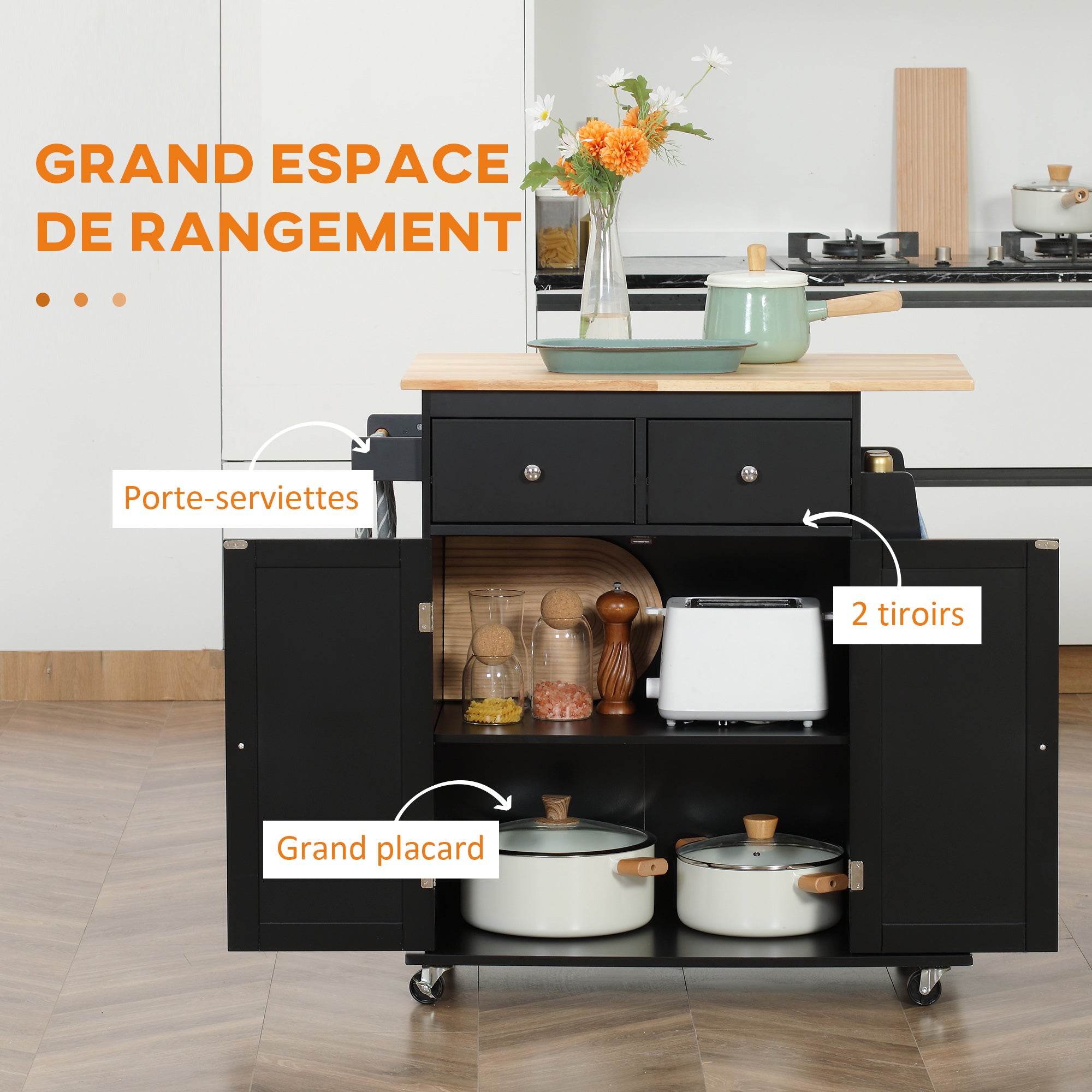 Desserte de cuisine ilôt cuisine avec plan de travail étagère range-bouteilles porte-torchons 2 tiroirs placard 2 portes MDF noir hévéa