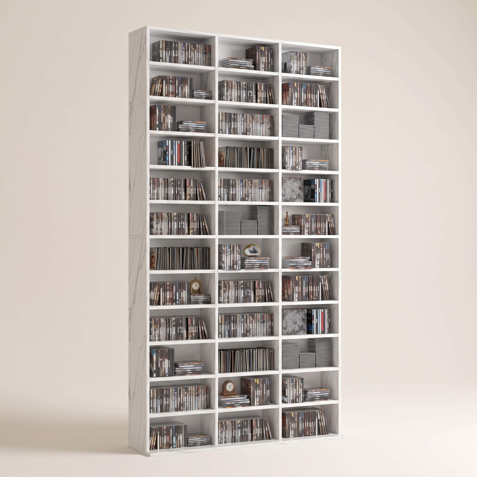 Rangements pour CD et DVD, étagère rangement, capacité max. 1116 CD/528 DVD, 36 compartiments et étagères réglables, pour bureau, salon, chambre, 102 x 23,5 x 195 cm, blanc