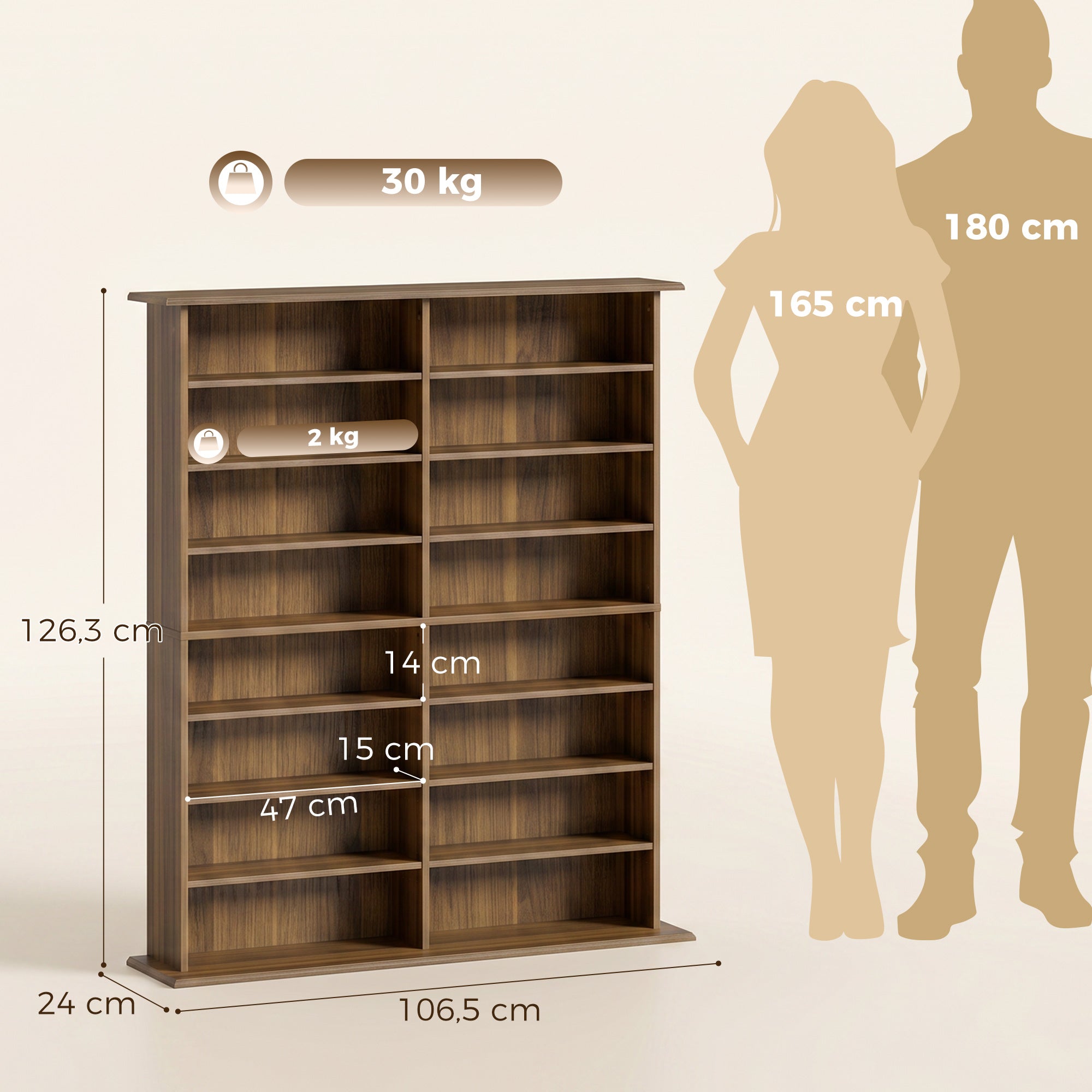 Rangements pour CD et DVD, meuble de rangement multimédia, capacité 720 CD/396 DVD et Blu-ray, 16 compartiments et 12 étagères réglables, pour salon, chambre, 106,5x24x126,3cm, noyer