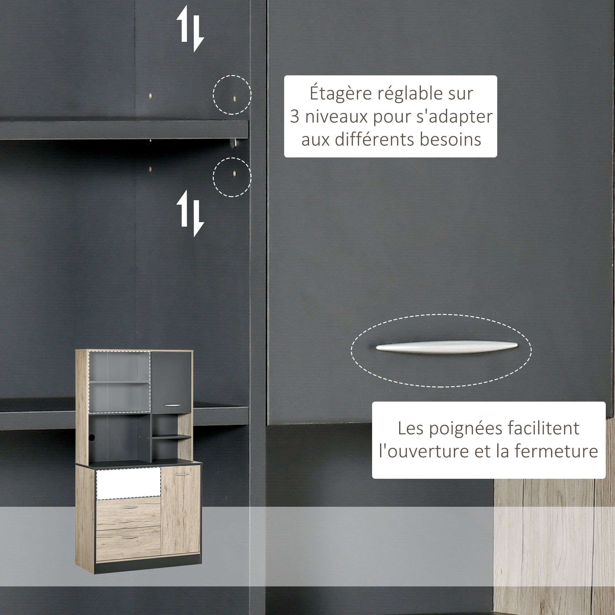 Buffet de cuisine armoire de cuisine multi-rangements 2 portes 3 tiroirs 3 étagères + grand plateau 90L x 39l x 169H cm bicolore chêne clair gris