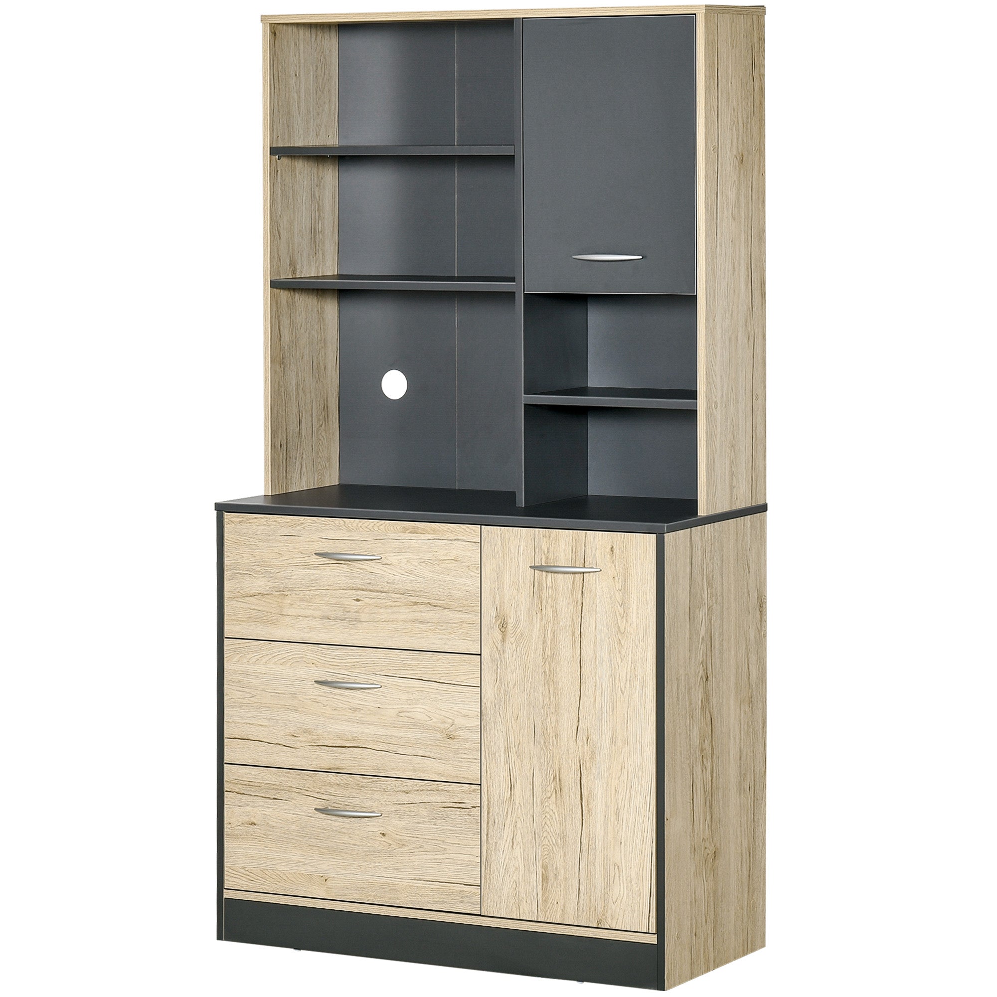 Buffet de cuisine armoire de cuisine multi-rangements 2 portes 3 tiroirs 3 étagères + grand plateau 90L x 39l x 169H cm bicolore chêne clair gris
