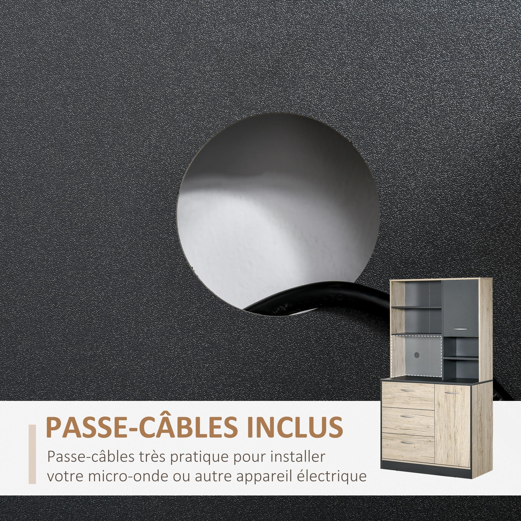 Buffet de cuisine armoire de cuisine multi-rangements 2 portes 3 tiroirs 3 étagères + grand plateau 90L x 39l x 169H cm bicolore chêne clair gris