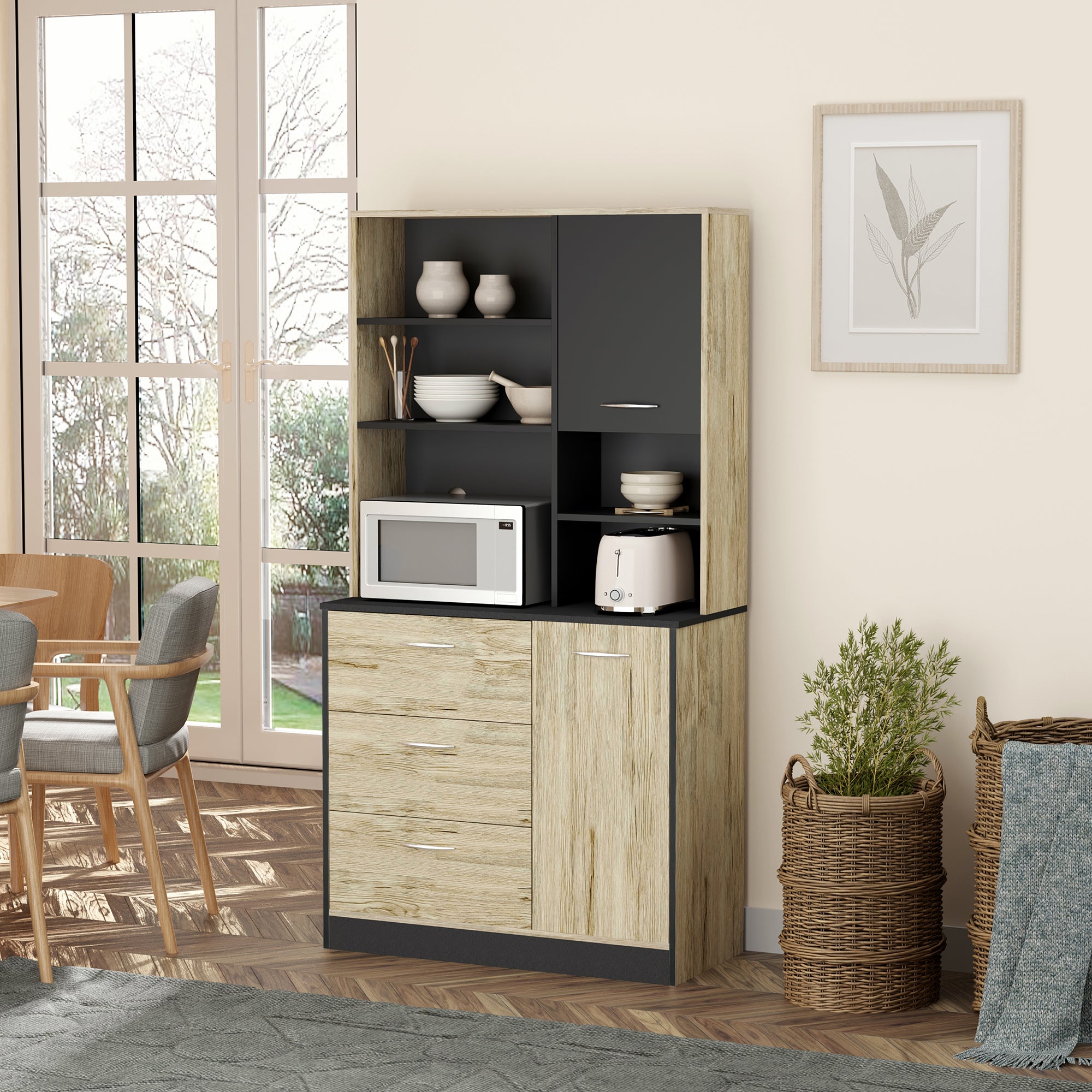 Buffet de cuisine armoire de cuisine multi-rangements 2 portes 3 tiroirs 3 étagères + grand plateau 90L x 39l x 169H cm bicolore chêne clair gris
