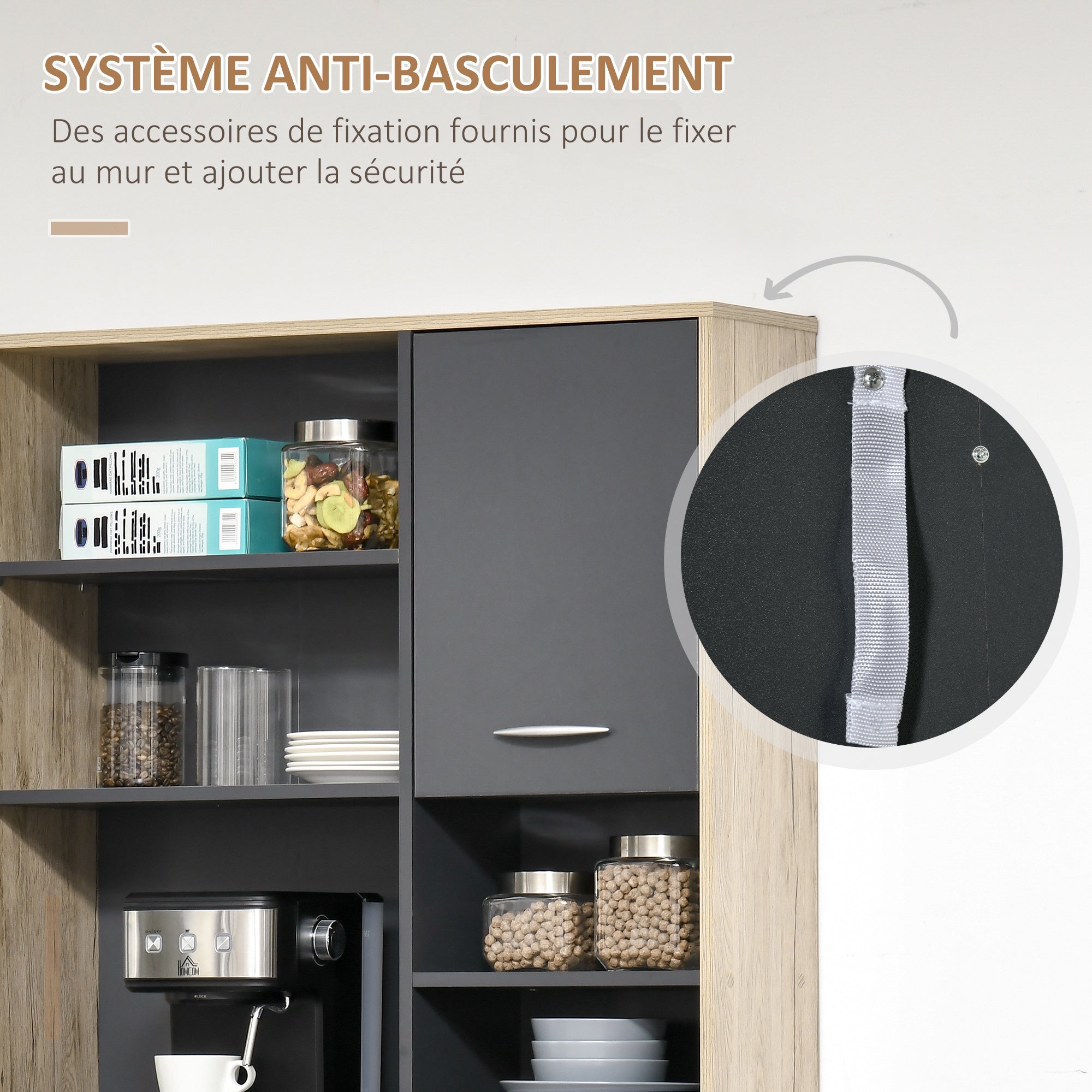 Buffet de cuisine armoire de cuisine multi-rangements 2 portes 3 tiroirs 3 étagères + grand plateau 90L x 39l x 169H cm bicolore chêne clair gris