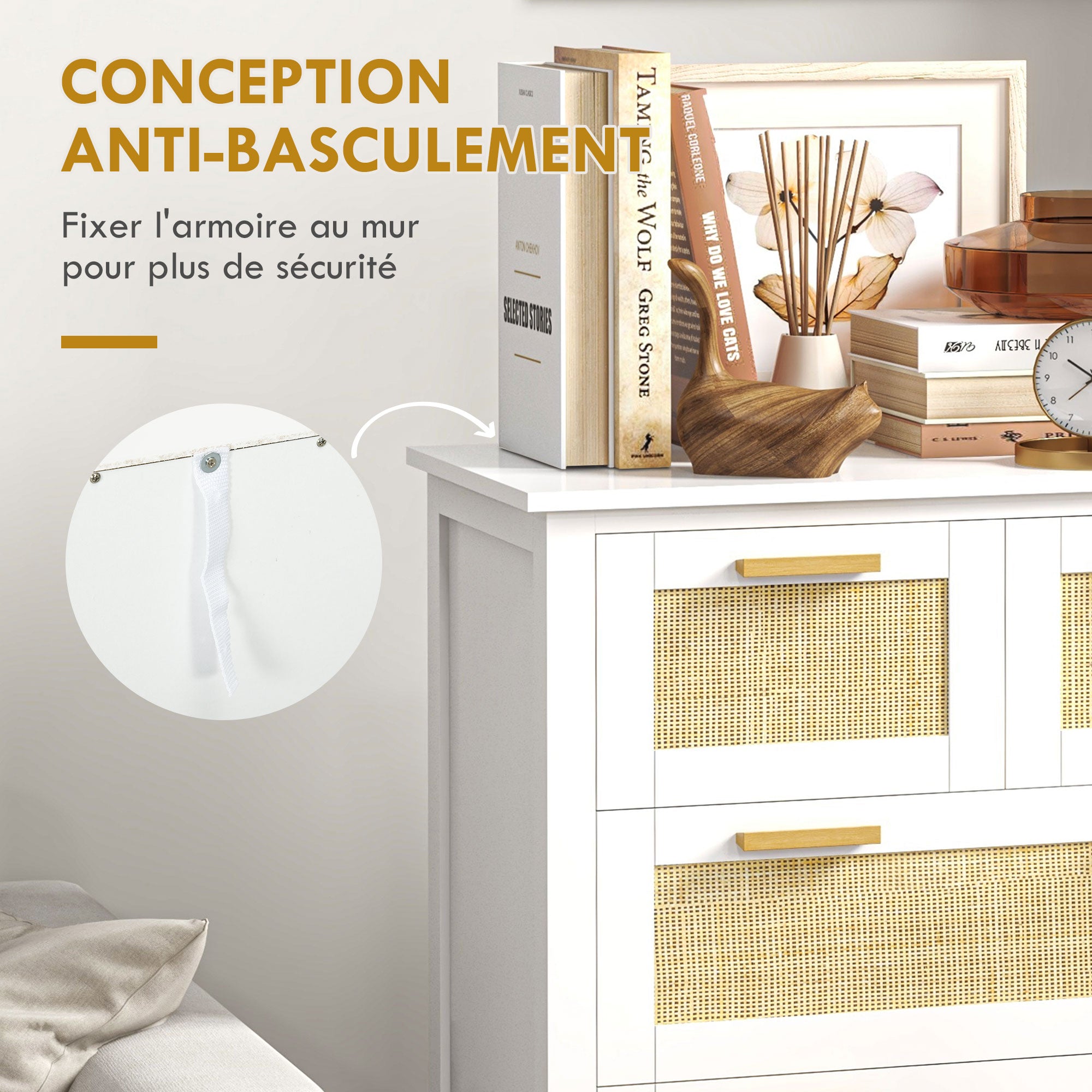 Commode 5 tiroirs meuble de rangement avec poignées en bois massif et glissières en métal pour bureau salon chambre à coucher blanc