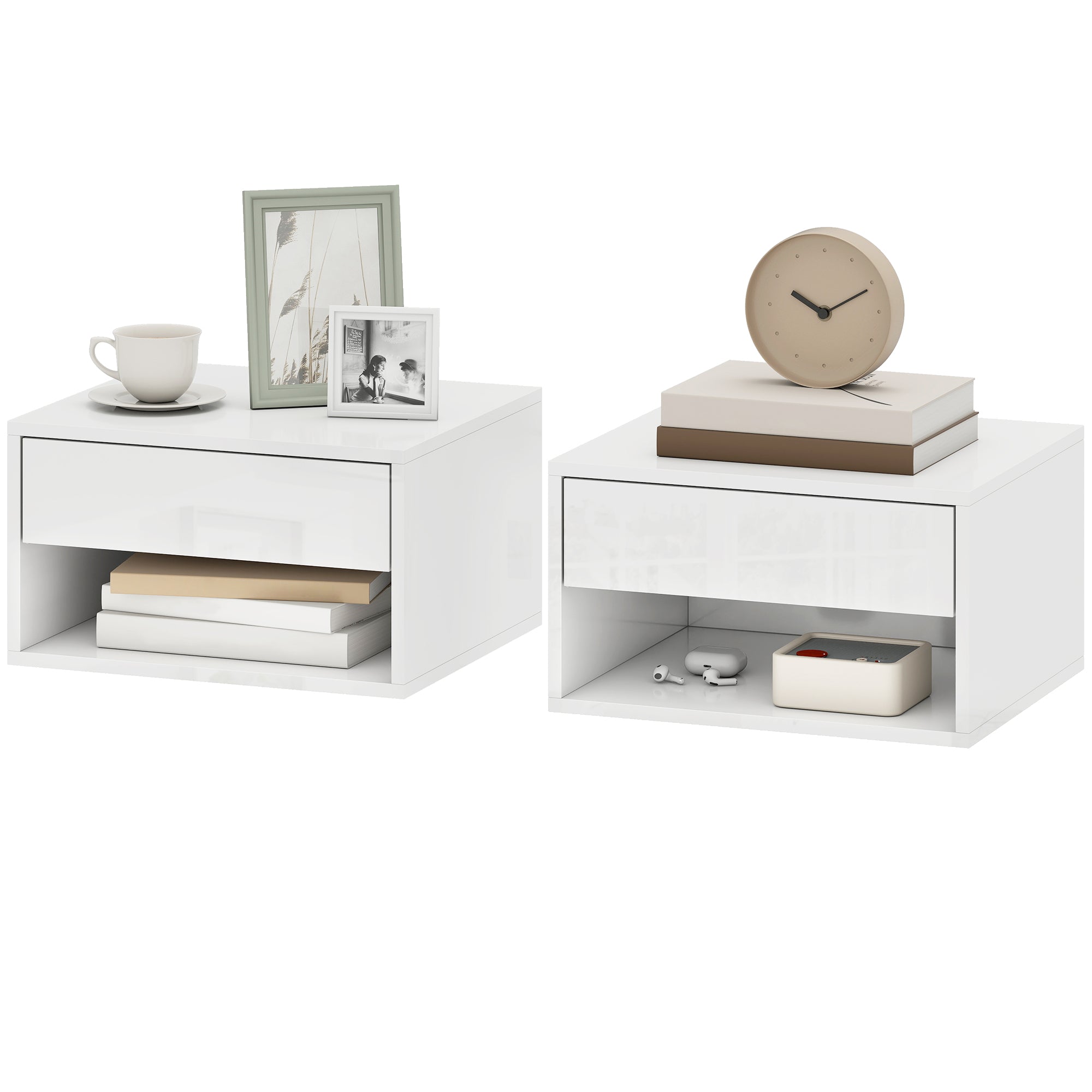 Lot de 2 tables de chevet murales, tables de nuit suspendues avec tiroir coulissant, compartiment ouvert, plateau, style moderne, 37 x 32 x 21 cm, blanc