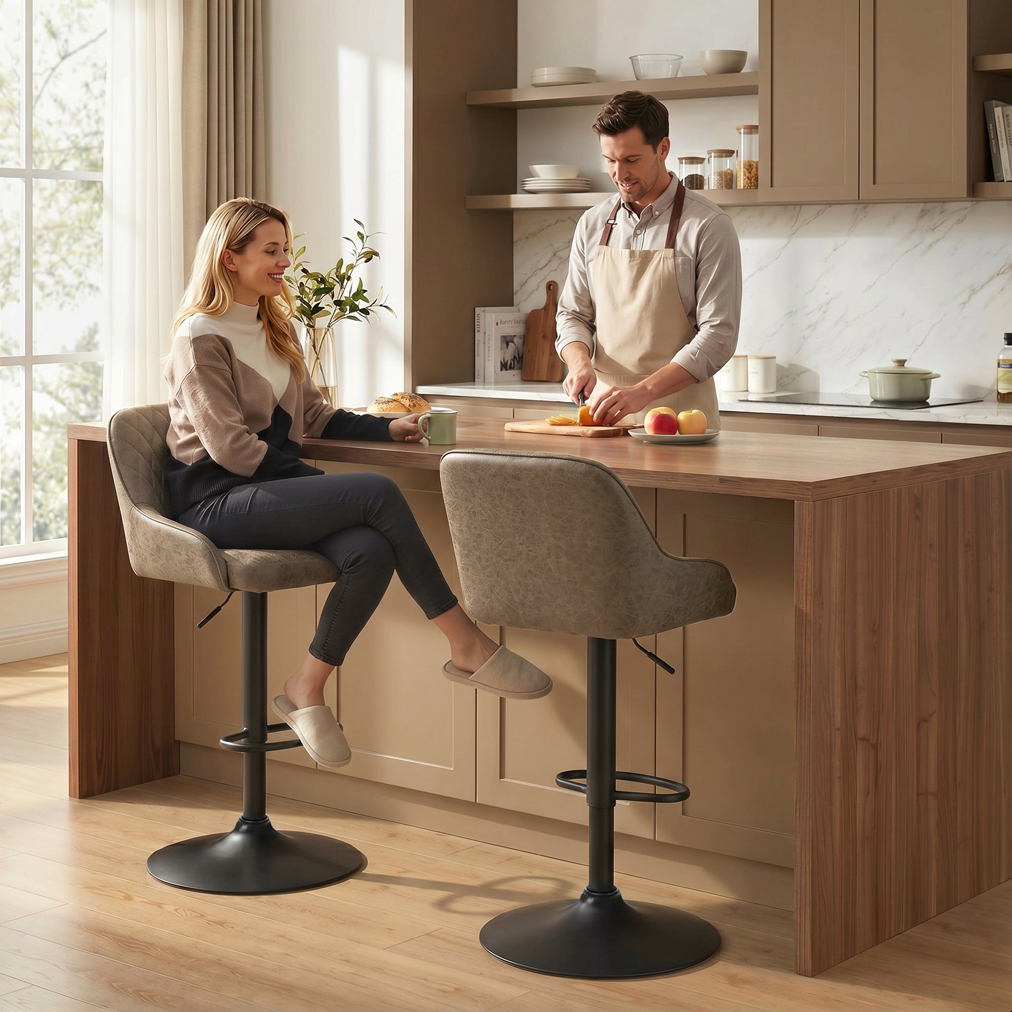 Lot de 2 Tabourets de Bar, Tabourets Hauts Cuisine avec Siège Pivotant et Hauteur Réglable, Chaises de Bar en PU avec Dossier pour Îlot de Cuisine, Salle à Manger, Marron Foncé