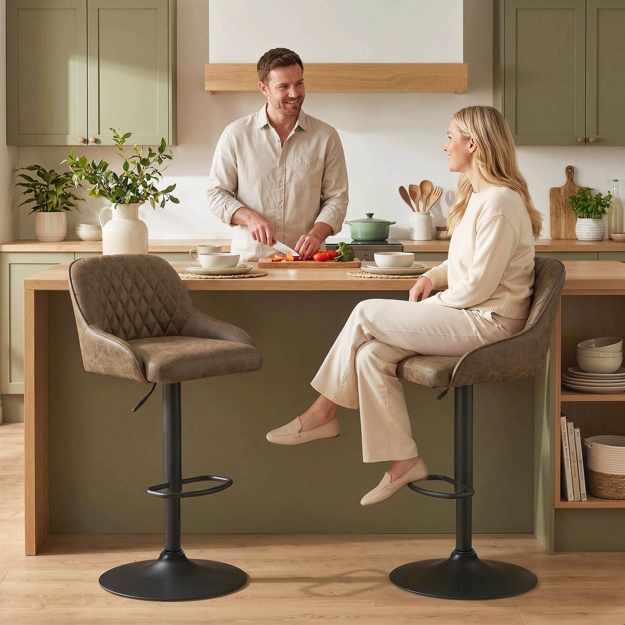Lot de 2 Tabourets de Bar, Tabourets Hauts Cuisine avec Siège Pivotant et Hauteur Réglable, Chaises de Bar en PU avec Dossier pour Îlot de Cuisine, Salle à Manger, Marron Foncé