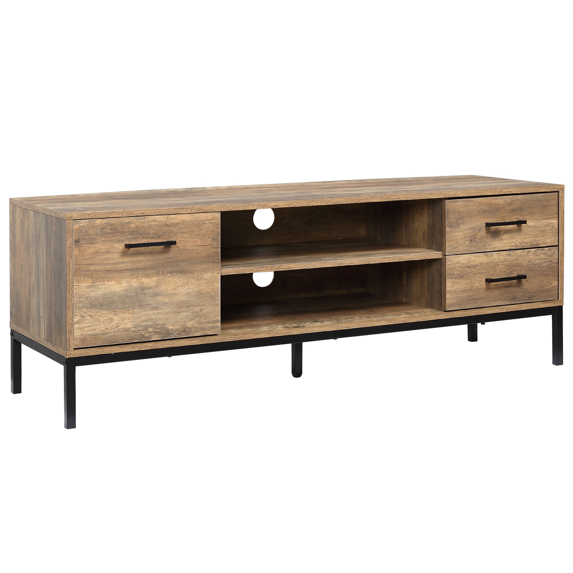 Meuble TV meuble télé bois banc TV pour téléviseur jusqu'à 50 pouces avec placard 2 tiroirs 2 niches 2 passe-câbles pour salon salle à manger chambre à coucher, 132 x 39 x 45,5 cm marron noir