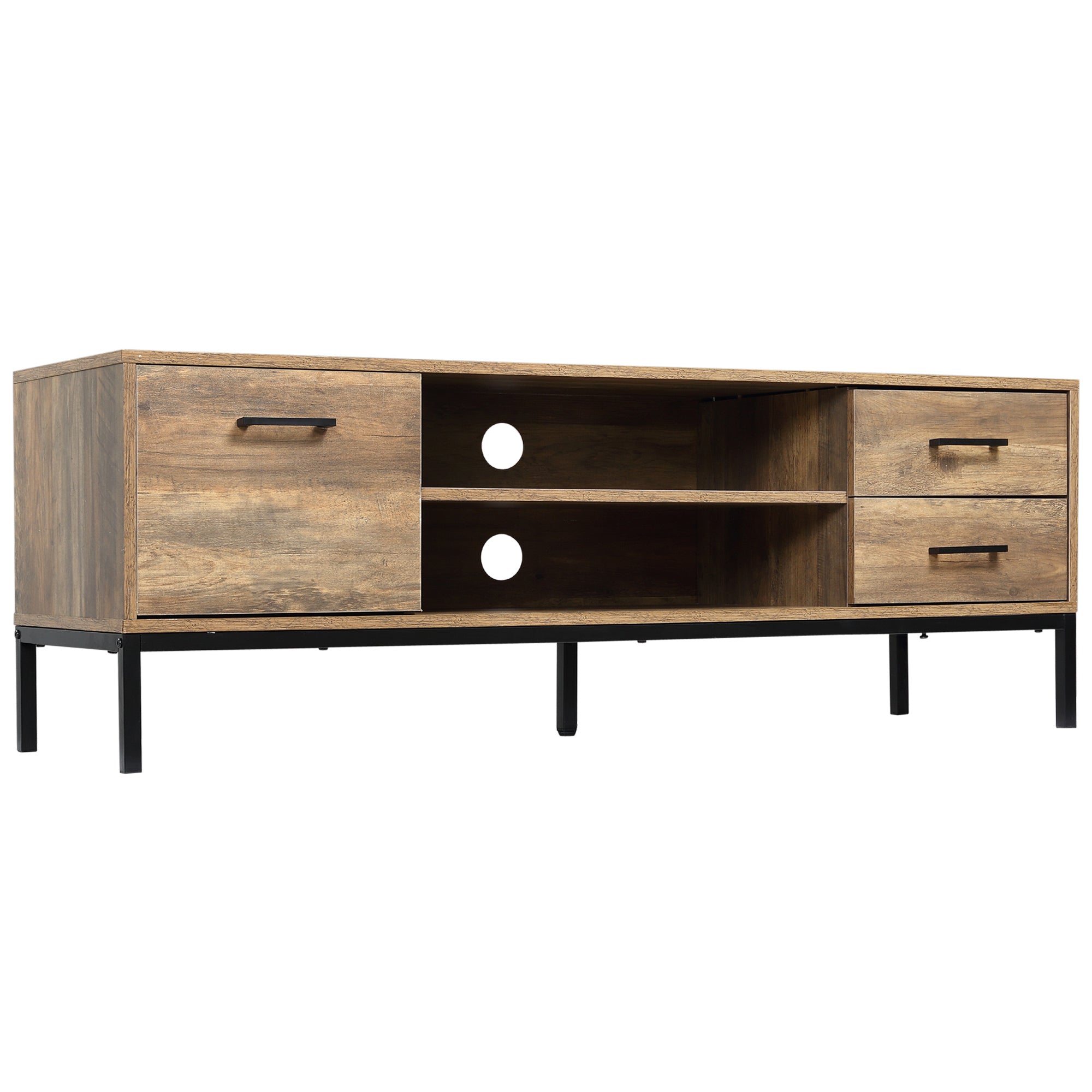 Meuble TV meuble télé bois banc TV pour téléviseur jusqu'à 50 pouces avec placard 2 tiroirs 2 niches 2 passe-câbles pour salon salle à manger chambre à coucher, 132 x 39 x 45,5 cm marron noir