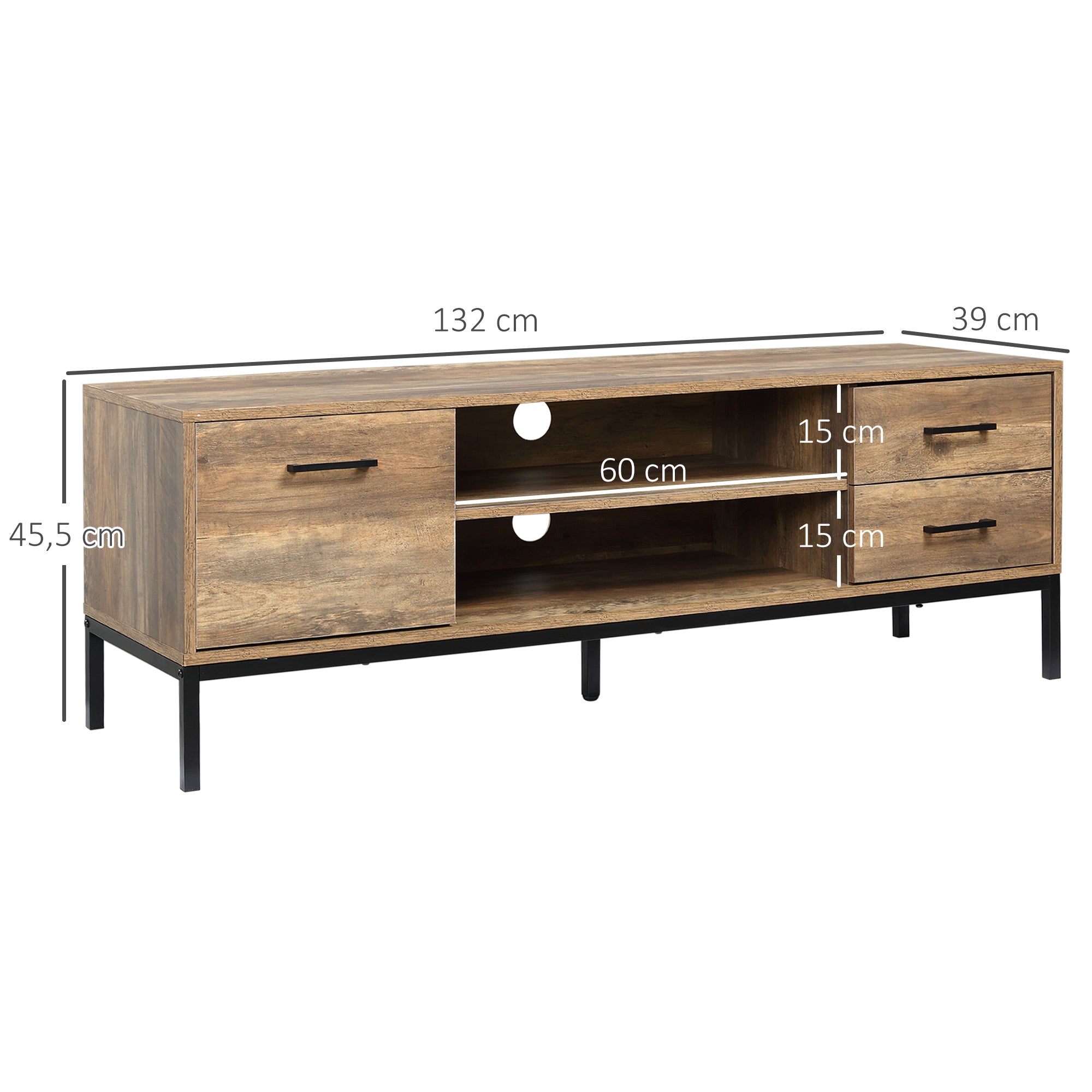 Meuble TV meuble télé bois banc TV pour téléviseur jusqu'à 50 pouces avec placard 2 tiroirs 2 niches 2 passe-câbles pour salon salle à manger chambre à coucher, 132 x 39 x 45,5 cm marron noir
