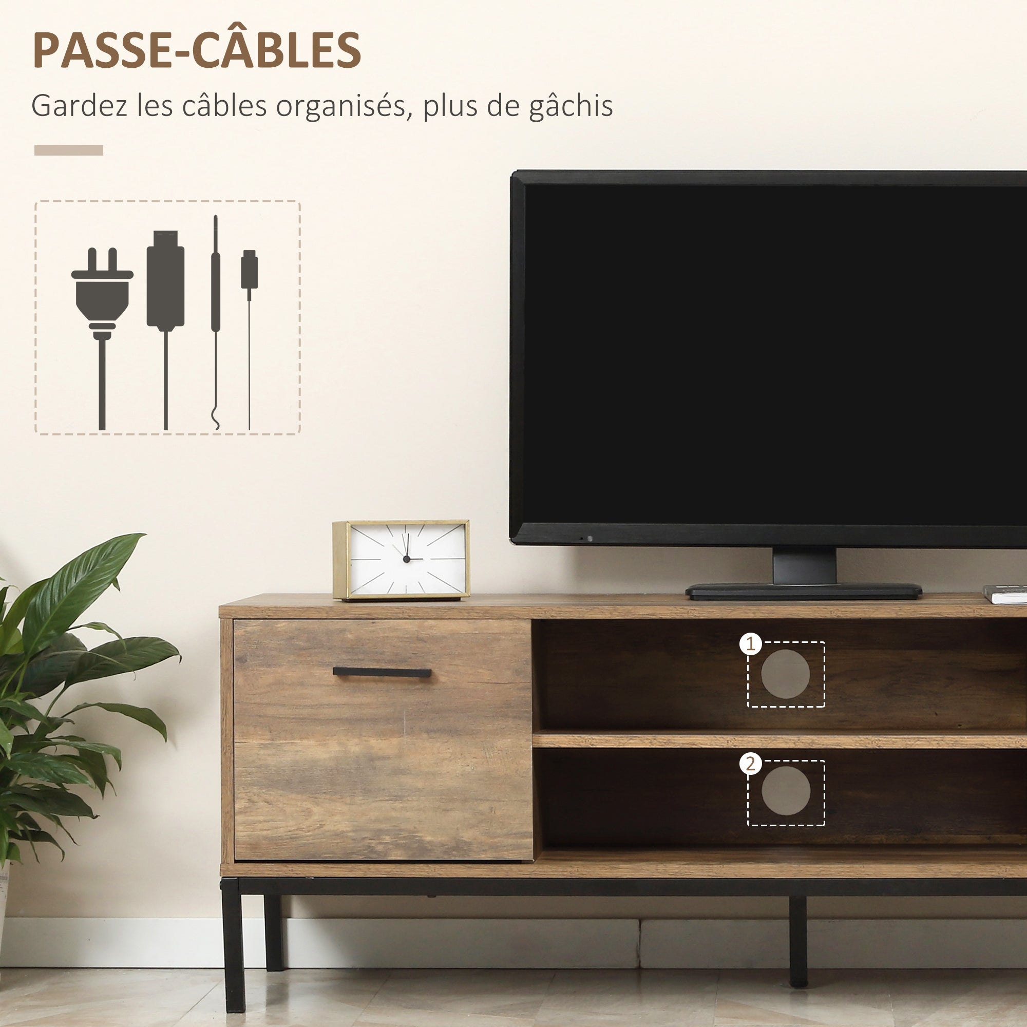Meuble TV meuble télé bois banc TV pour téléviseur jusqu'à 50 pouces avec placard 2 tiroirs 2 niches 2 passe-câbles pour salon salle à manger chambre à coucher, 132 x 39 x 45,5 cm marron noir