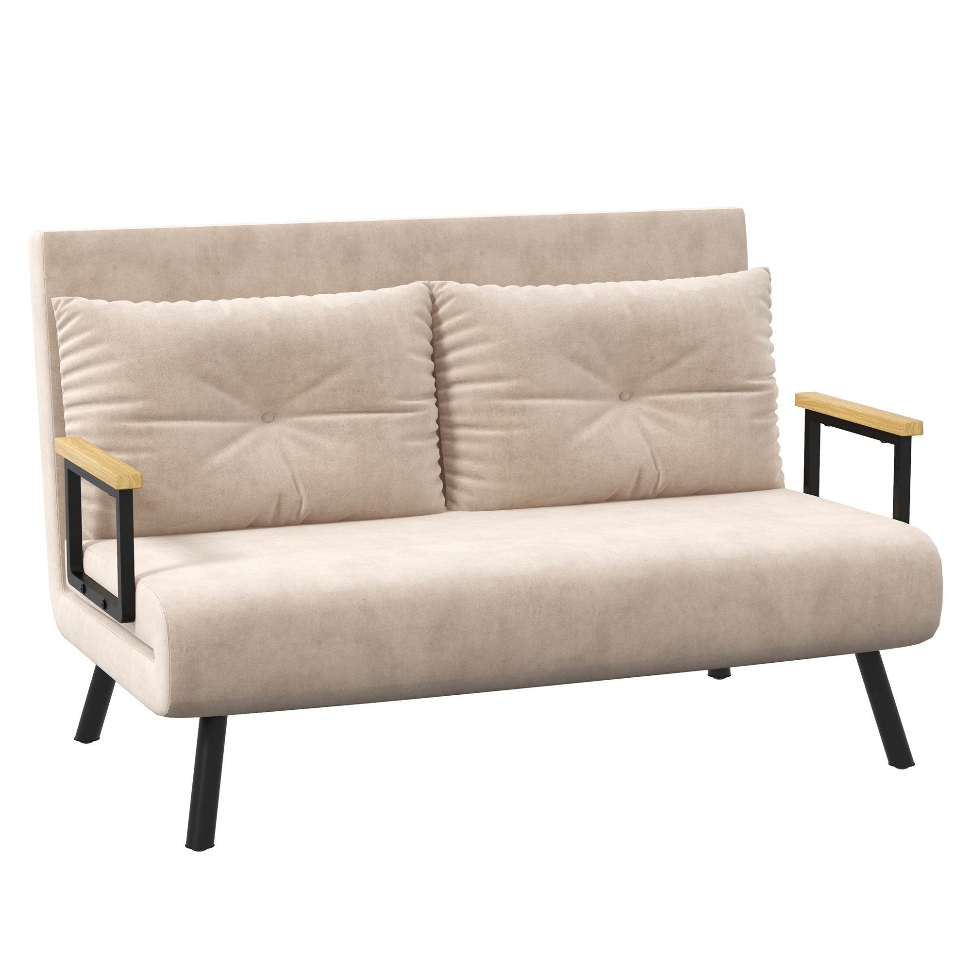 Canapé convertible 2 places 4 en 1, chauffeuse, fauteuil-lit pliant avec dossier réglable 5 niveaux et 2 coussins rembourrés, tissu effet velours pour salon, chambre d'amis, 102x73x81cm, beige