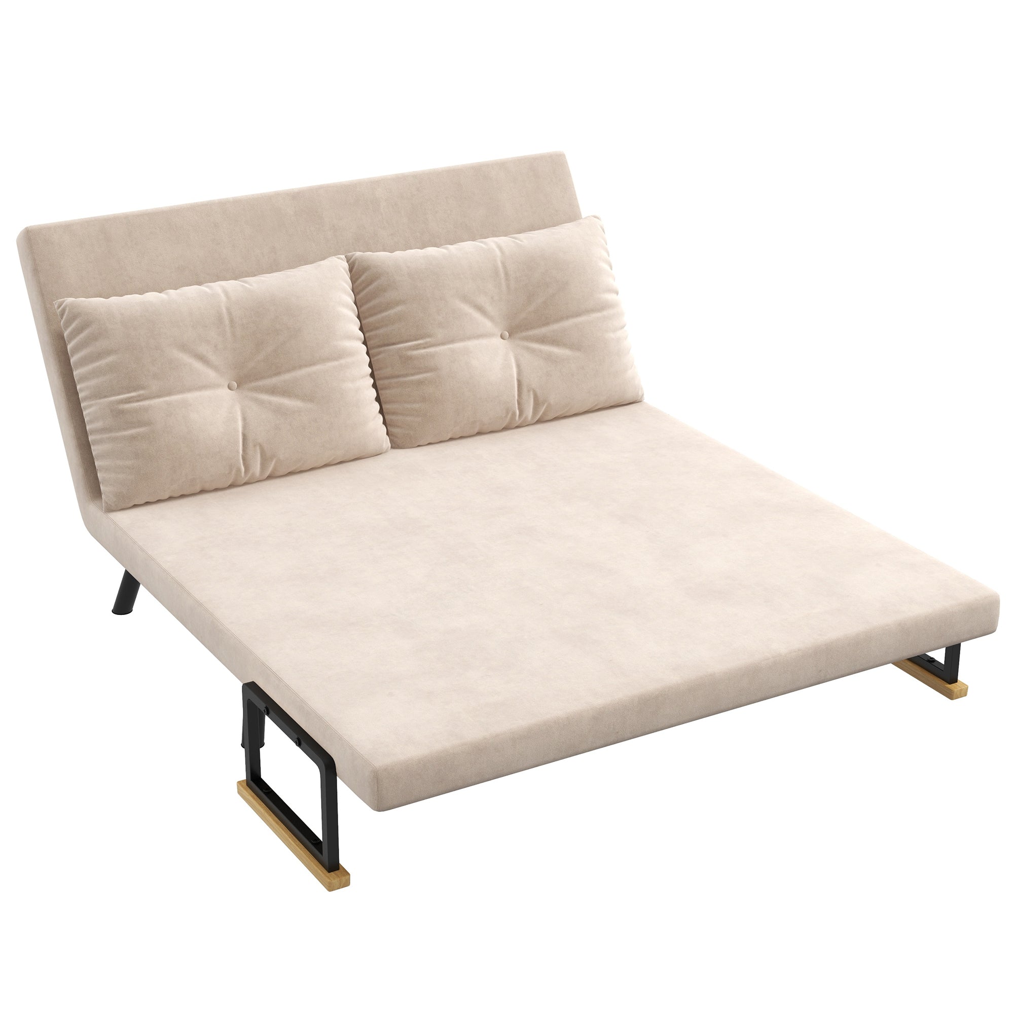 Canapé convertible 2 places 4 en 1, chauffeuse, fauteuil-lit pliant avec dossier réglable 5 niveaux et 2 coussins rembourrés, tissu effet velours pour salon, chambre d'amis, 102x73x81cm, beige