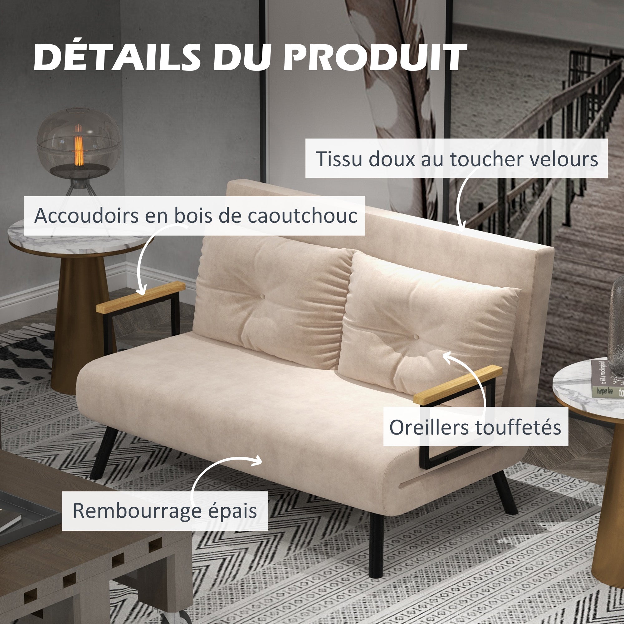 Canapé convertible 2 places 4 en 1, chauffeuse, fauteuil-lit pliant avec dossier réglable 5 niveaux et 2 coussins rembourrés, tissu effet velours pour salon, chambre d'amis, 102x73x81cm, beige