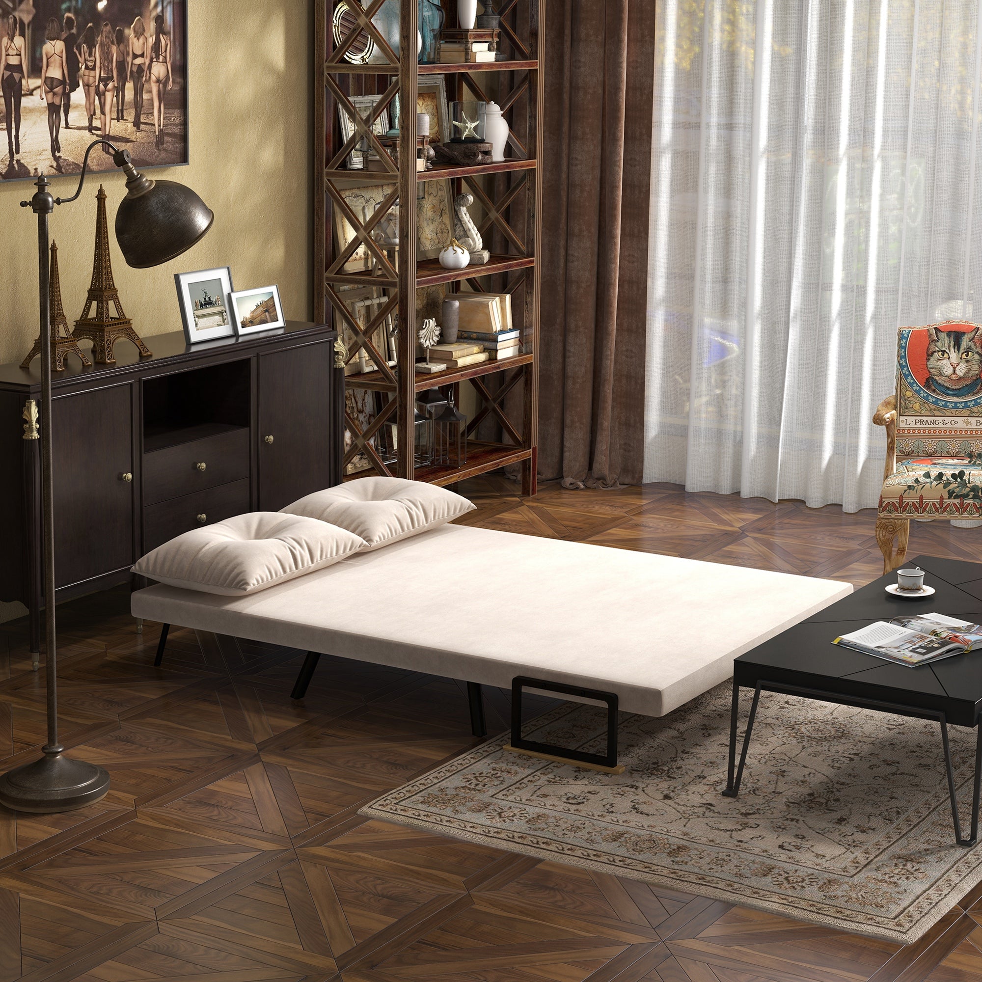 Canapé convertible 2 places 4 en 1, chauffeuse, fauteuil-lit pliant avec dossier réglable 5 niveaux et 2 coussins rembourrés, tissu effet velours pour salon, chambre d'amis, 102x73x81cm, beige